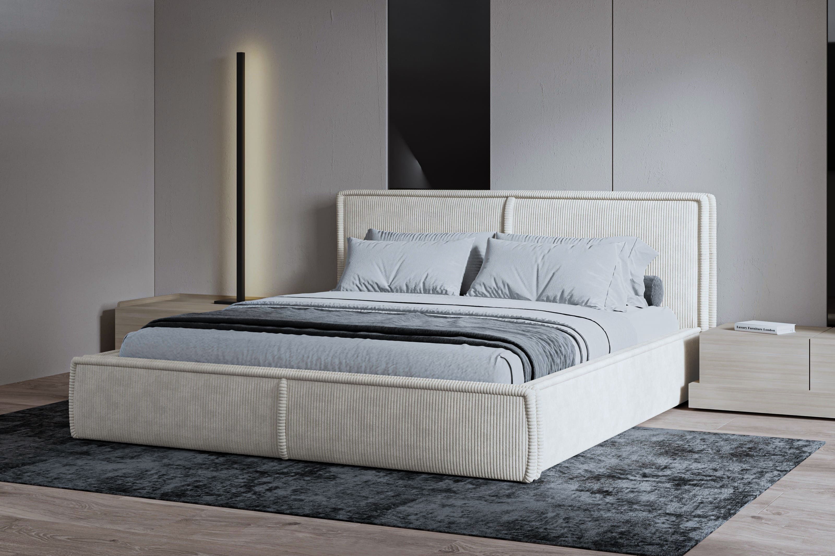 MOEBLO Polsterbett BETT 04 (Bezug: aus Cord, Doppelbett mit Kopfstütze, Rahmenbettgestell 180x200, mit Bettkasten und Lattenrost), mit Bettkasten