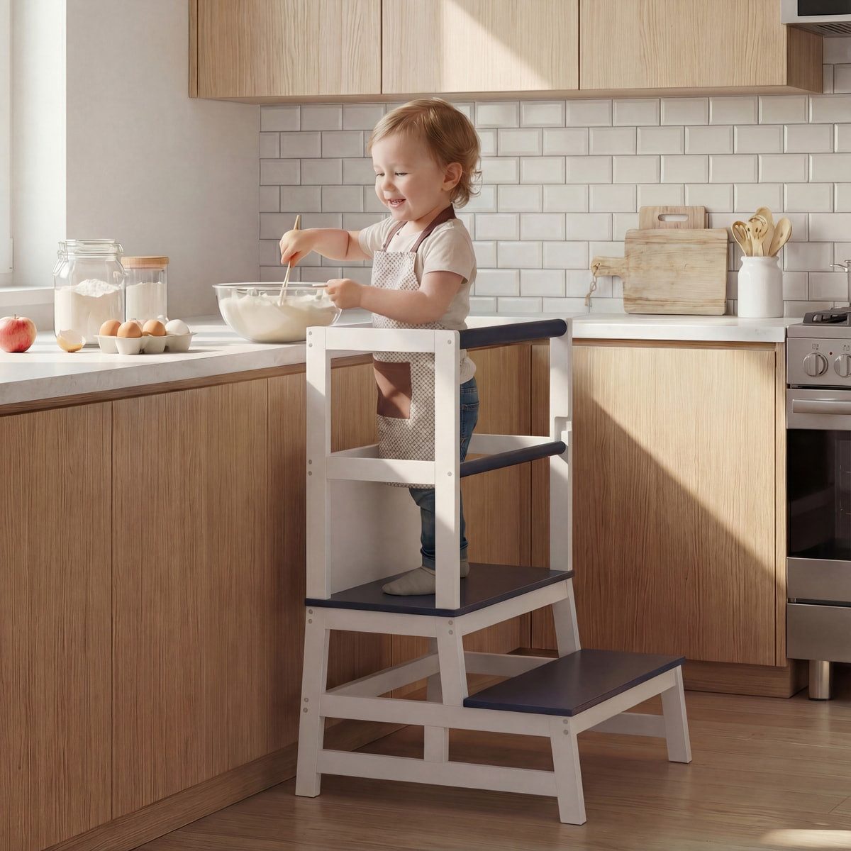 Spielwerk Stehhilfe, Lernturm ab 2 Jahren mit Tafel Montessori Tritthocker Lernstuhl Holz