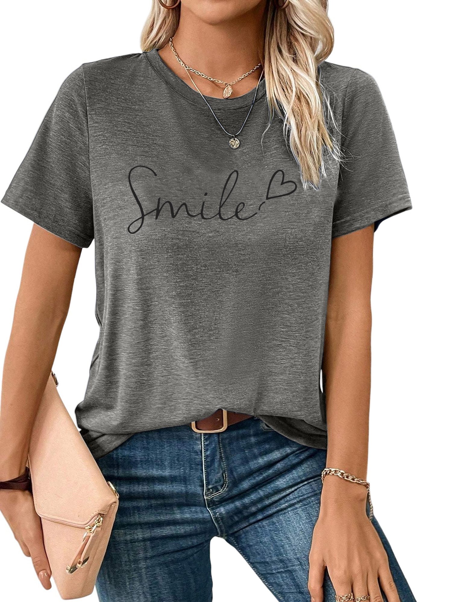 Print-Shirt Damen bequemes Casual Kurzarmbluse “Smile” Print-Shirt
