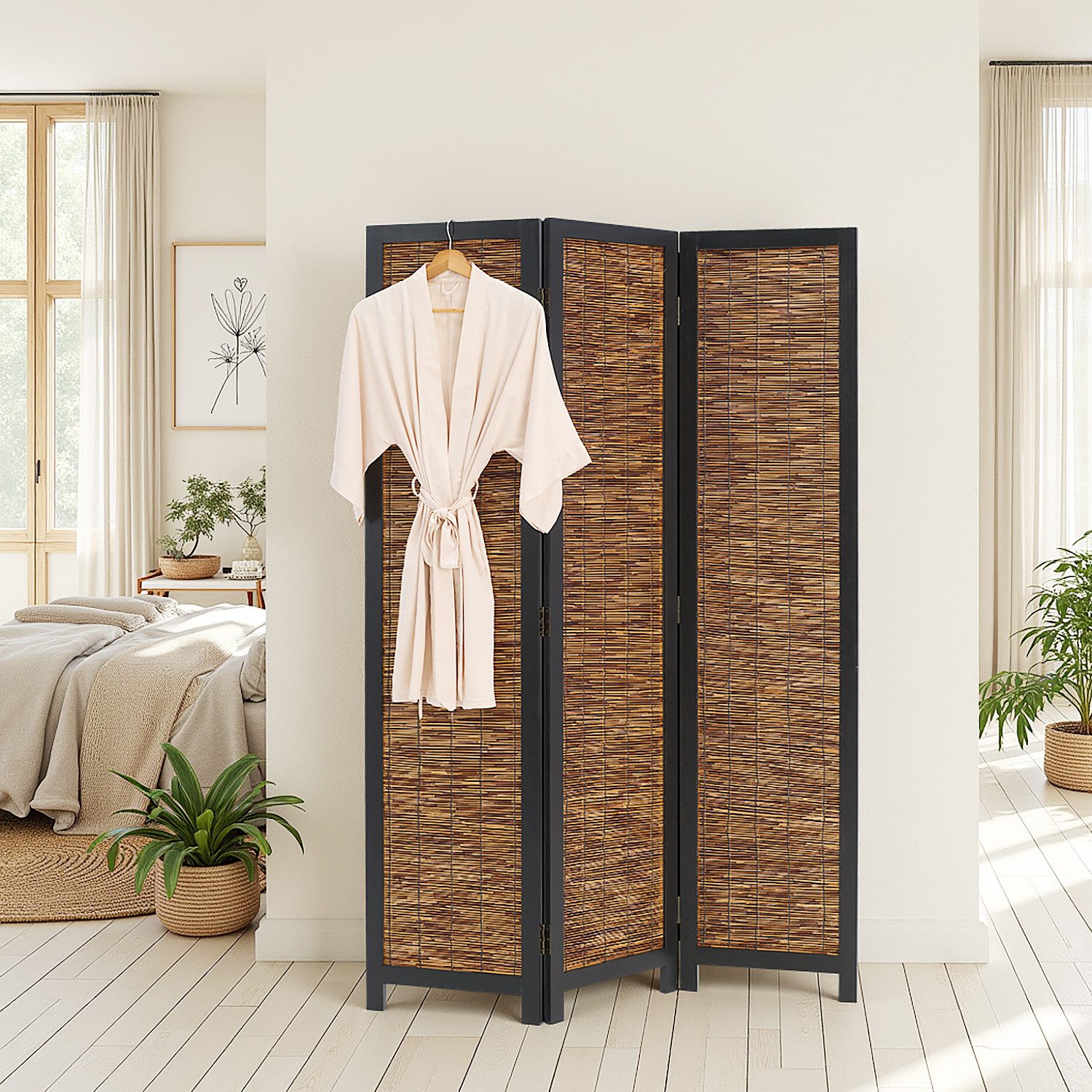 Homestyle4u Paravent Raumteiler Indoor Holz Trennwand Schwarz Sichtschutz faltbar Weide (3-teilig), Trennwand, 3-teilig