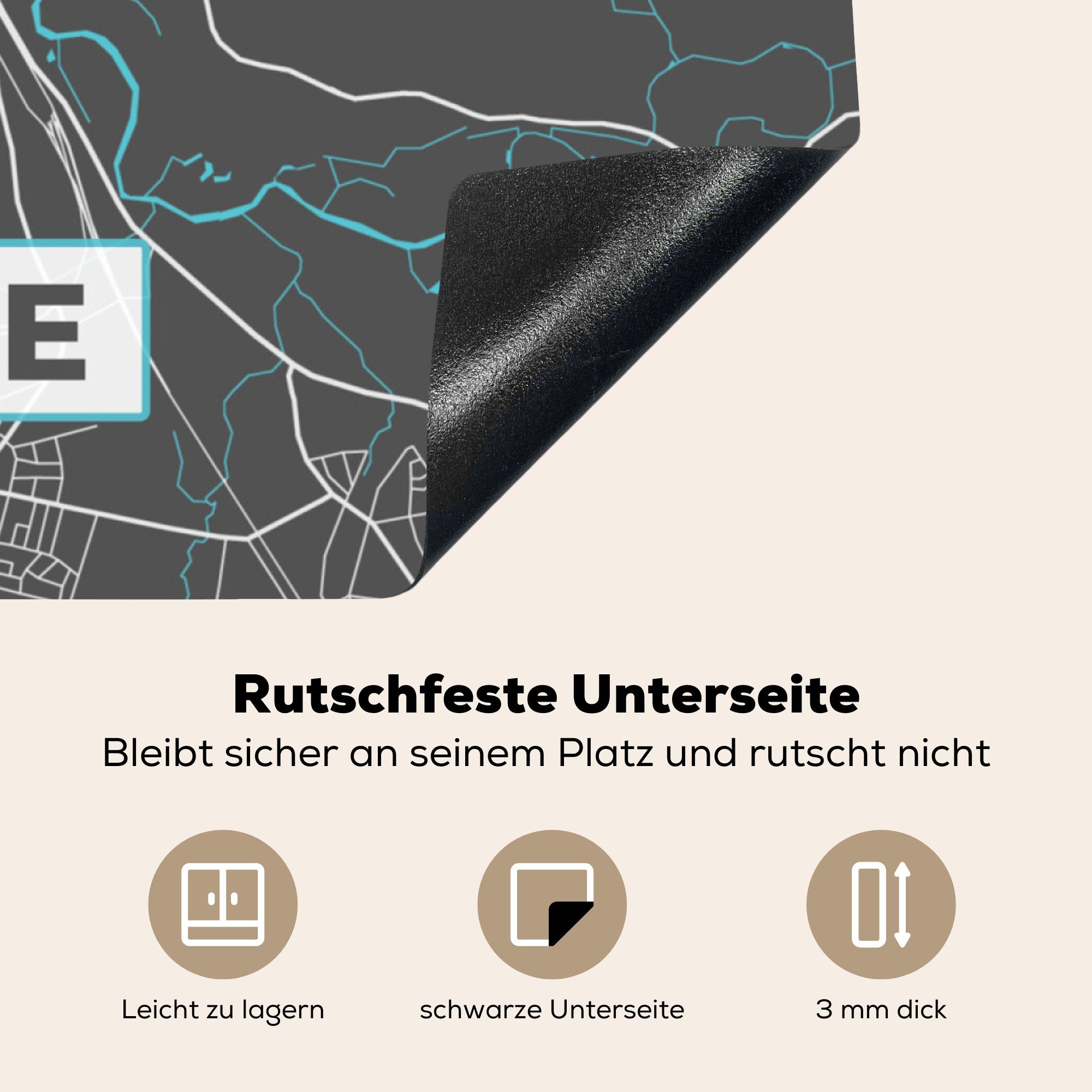 Herdblende-/Abdeckplatte Ceranfeldabdeckung, (1 78x78 Arbeitsplatte Rheine Vinyl, MuchoWow Stadtplan - - Blau tlg), - Deutschland für Karte, - cm, küche