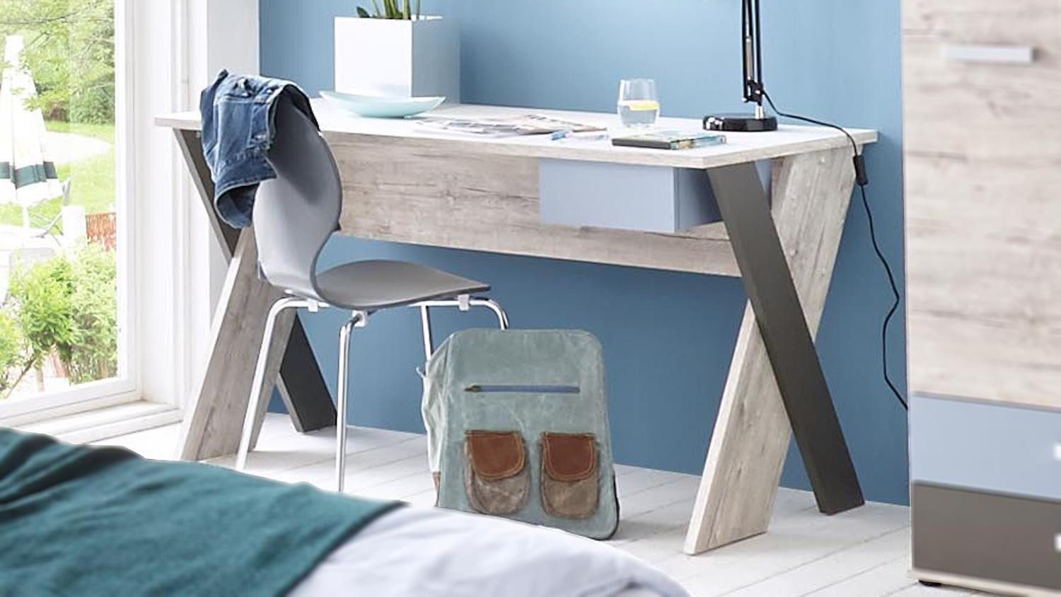 FMD Schreibtisch Schreibtisch Nona Arbeitstisch Jugendzimmer Sandeiche weiß mehrfarbig