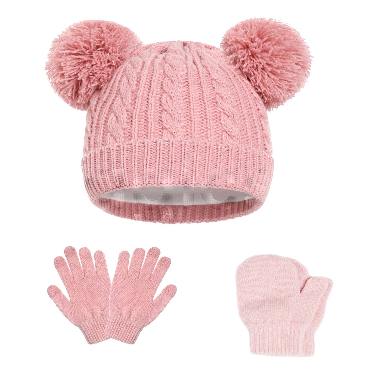 im Wintermütze Handschuhe Mütze 1-5 Wollfutter Alter von für Mit MAGICSHE Kinder Bommelmütze rosa &