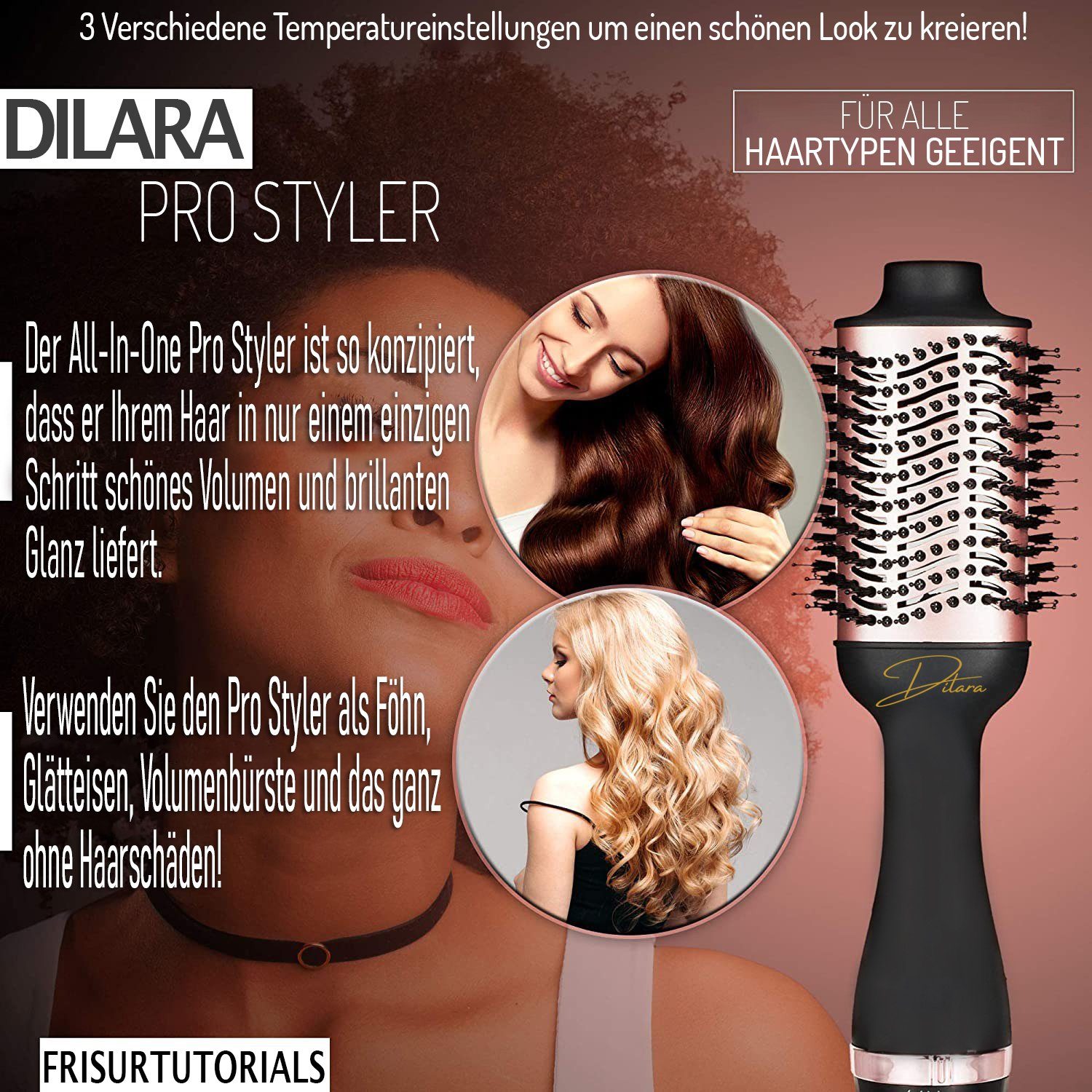 Dilara Elektrohaarbürste Warmluftbürste Föhnbürste 3 in 1 Haartrockner I Rundbürste mit Föhn, Salon-Styling in Minuten – mit Glanz, Volumen & perfektem Finish