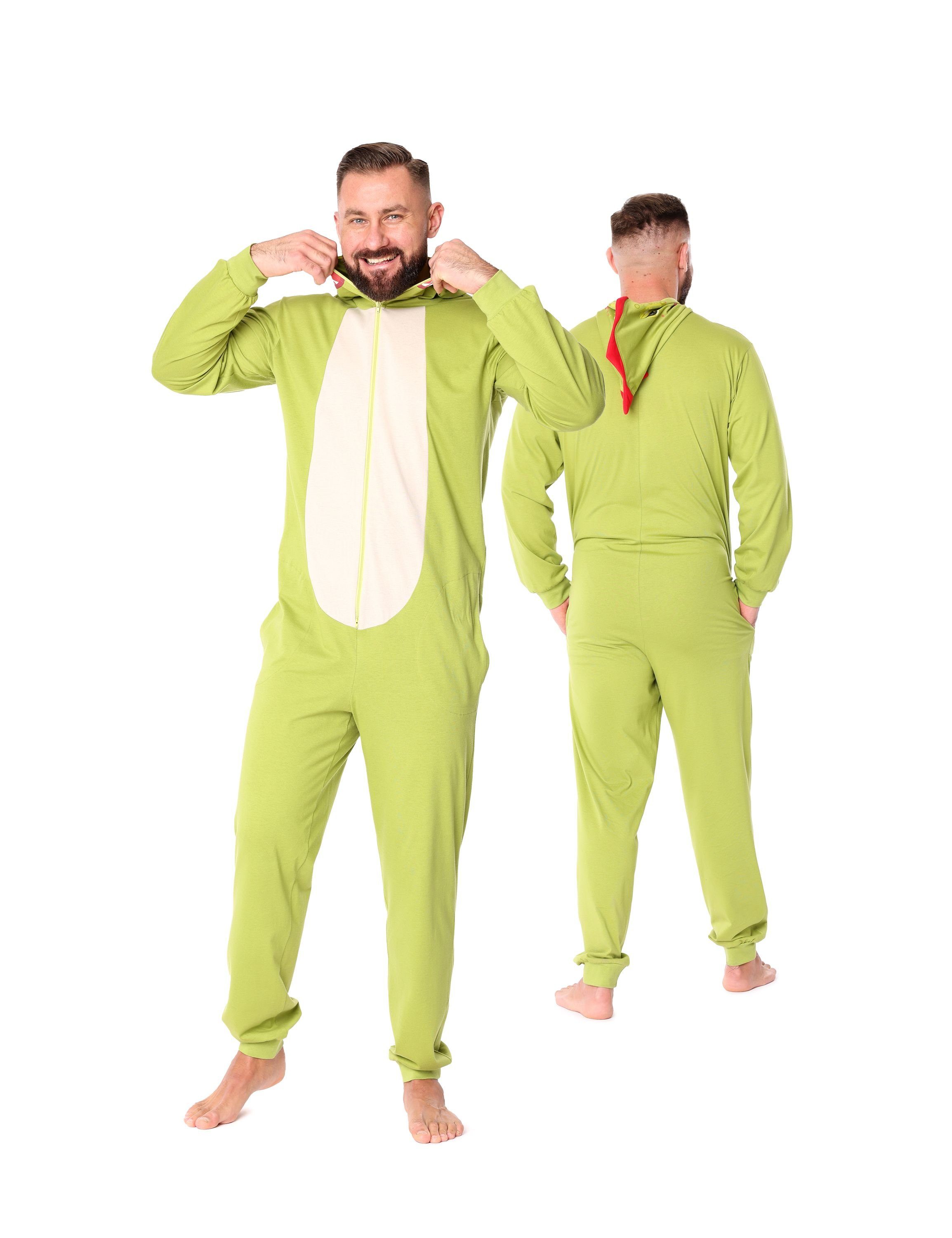 Ladeheid Schlafanzug aus mit Herren ohne LA40-235 Schlafoverall Jumpsuit Kapuze Baumwolle Grün Dino