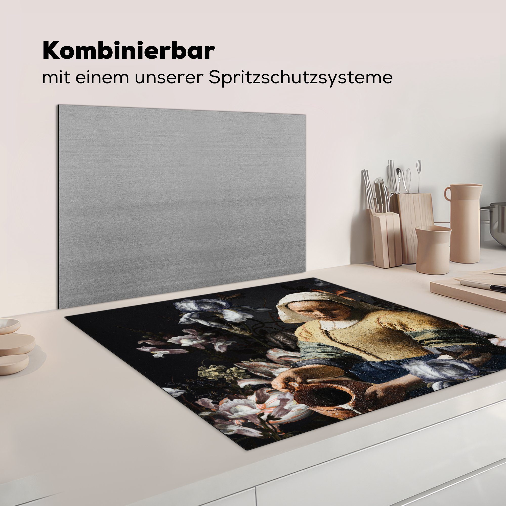 - - Ceranfeldabdeckung, tlg), Blumen, Milchmädchen (1 küche MuchoWow für Johannes Vinyl, Herdblende-/Abdeckplatte 78x78 Arbeitsplatte Vermeer cm,