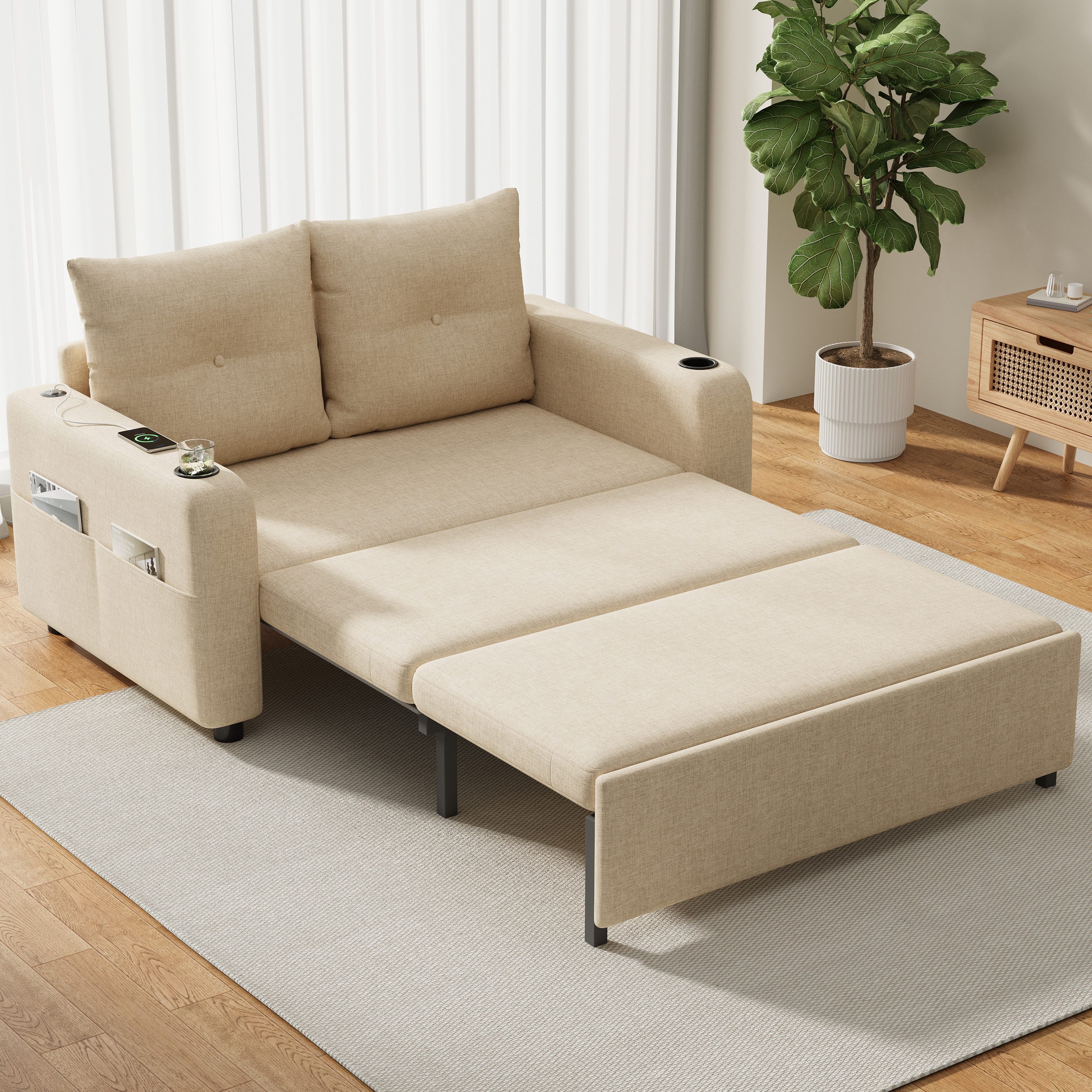 Merax Schlafsofa 3-in-1 Sofa mit ausziehbarem Bett und USB- & Type-C-Anschluss, Modernes Sofa für Wohnzimmer und Schlafzimmer 1 Teile, Doppelsofa Sofabett mit Getränkehaltern, Seitentaschen & Rückenkissen