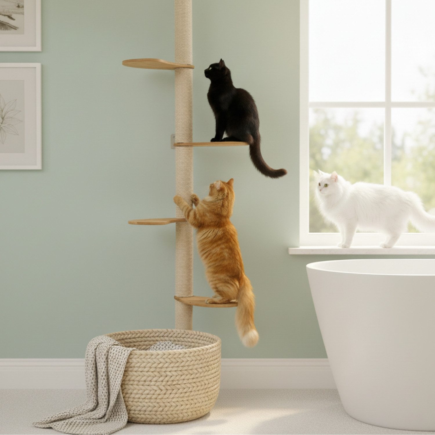 eyepower Kratzbaum zur Wandmontage-205 cm Wandkratzbaum für Katzen mit 4 Bambus Plateaus, Sistammstamm Wand - Katzenkratzbaum platzsparend - Kletterwand Katze
