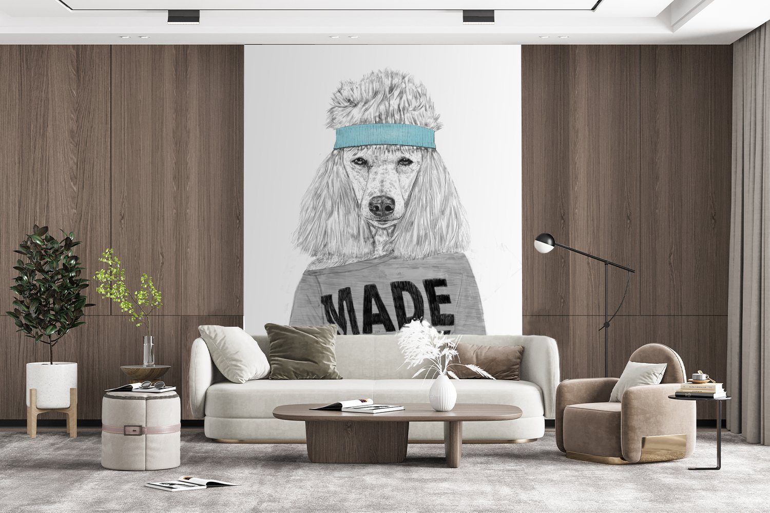 Wohnzimmer, Vinyl MuchoWow Fototapete Tapete 80er - Hund Montagefertig Jahre, St), - bedruckt, Kleidung für - Wandtapete Matt, (4 Tiere