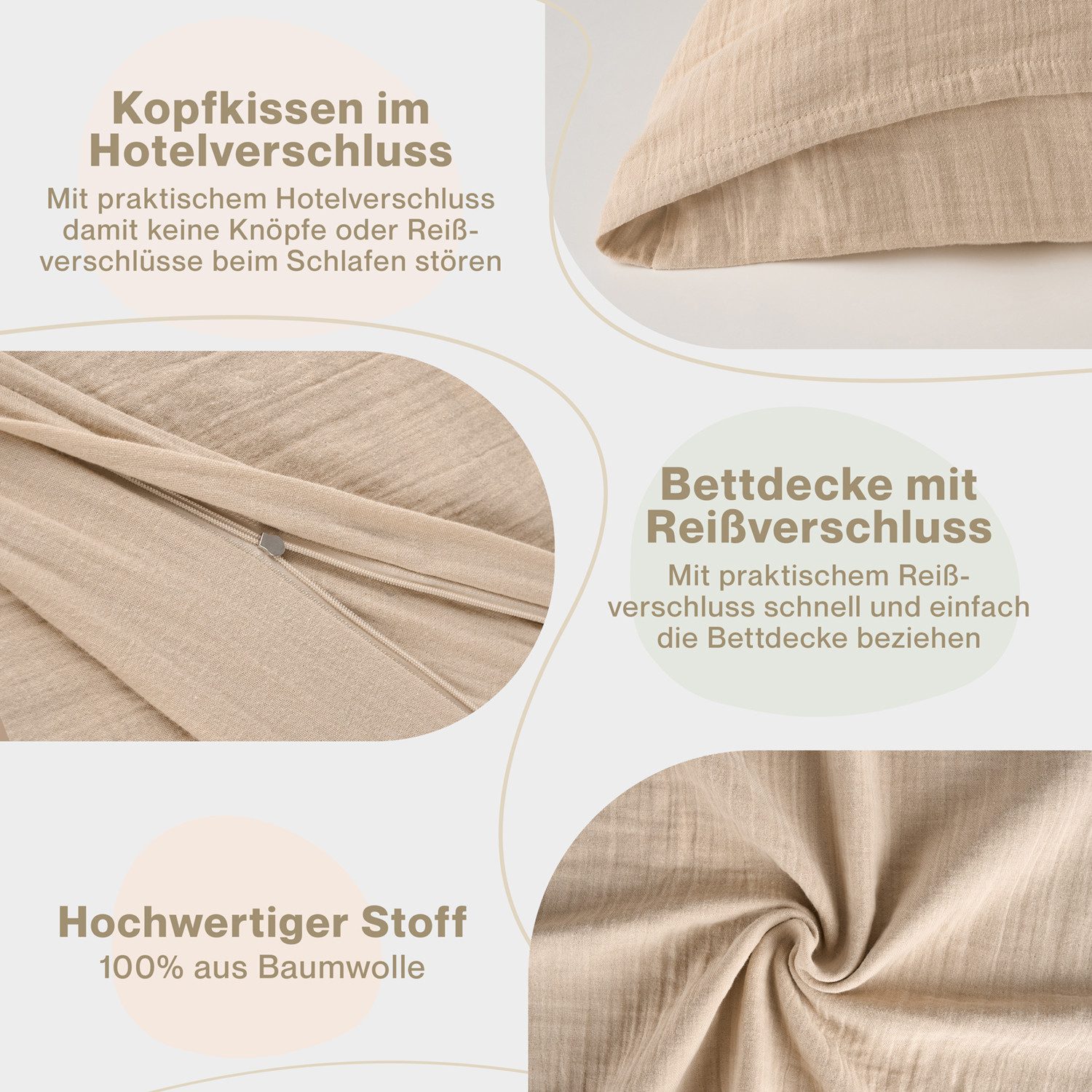 Blumtal Bettwäsche Musselin 100% Baumwolle im Set, Kopfkissenbezug & Deckenbezug, 4 teilig – Bild 4 von 5