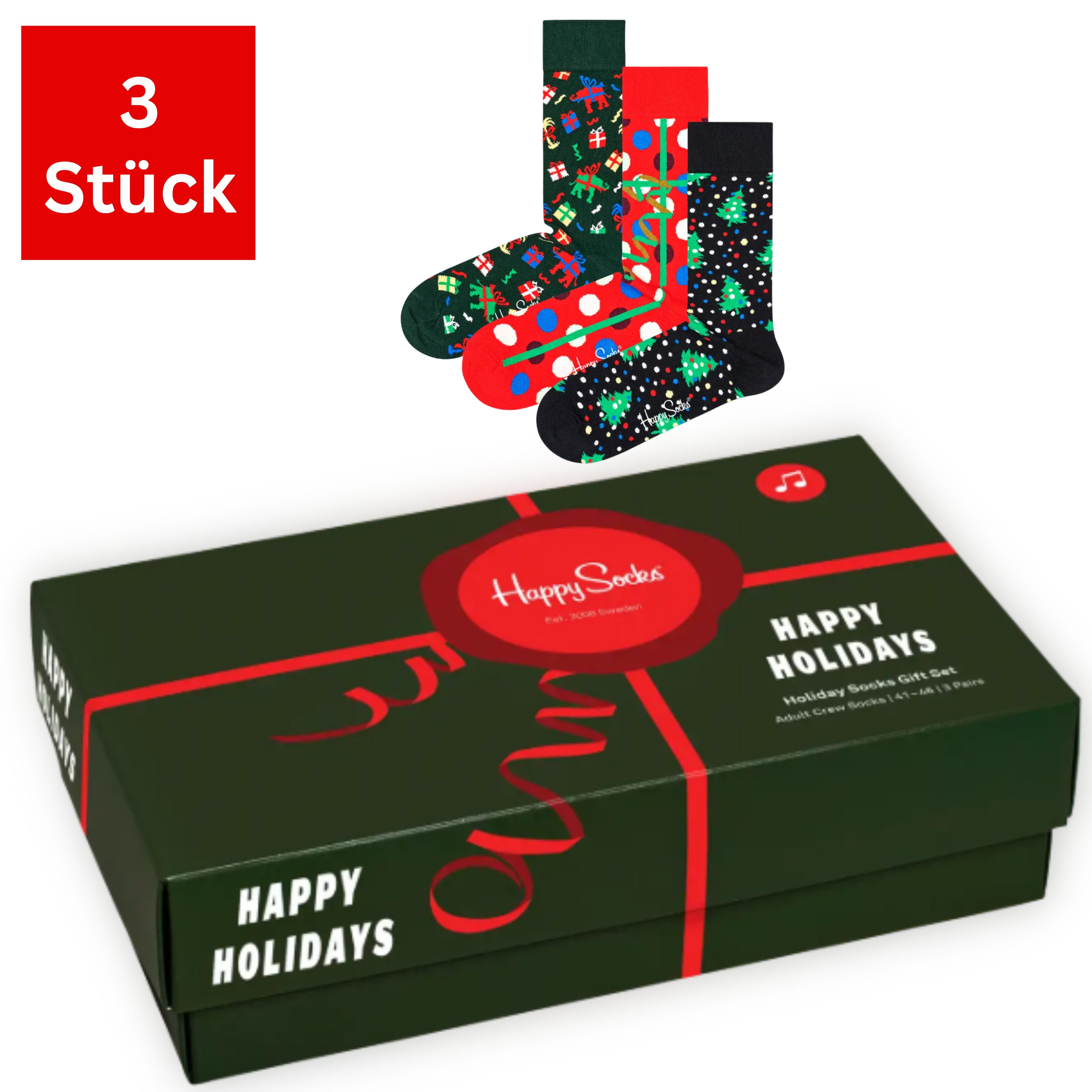 Happy Socks Socken 3er Pack Baumwoll Socken (Gr. 36-40) mit Motiv, Geschenk, Weihnachten