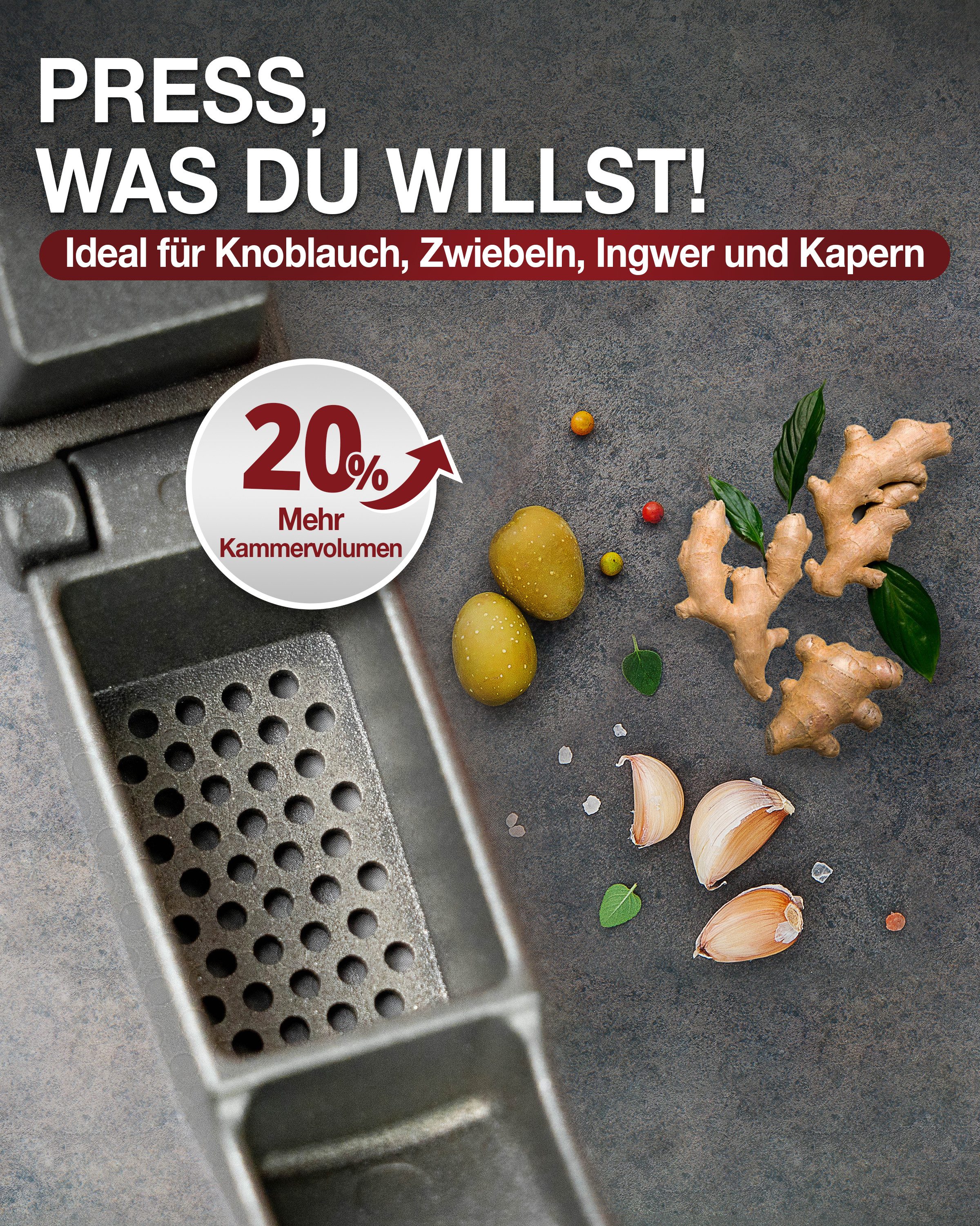 Thiru Knoblauchpresse Ideal für Ingwer, Zwiebeln & Kapern - Kein Schälen notwendig – Bild 3 von 5