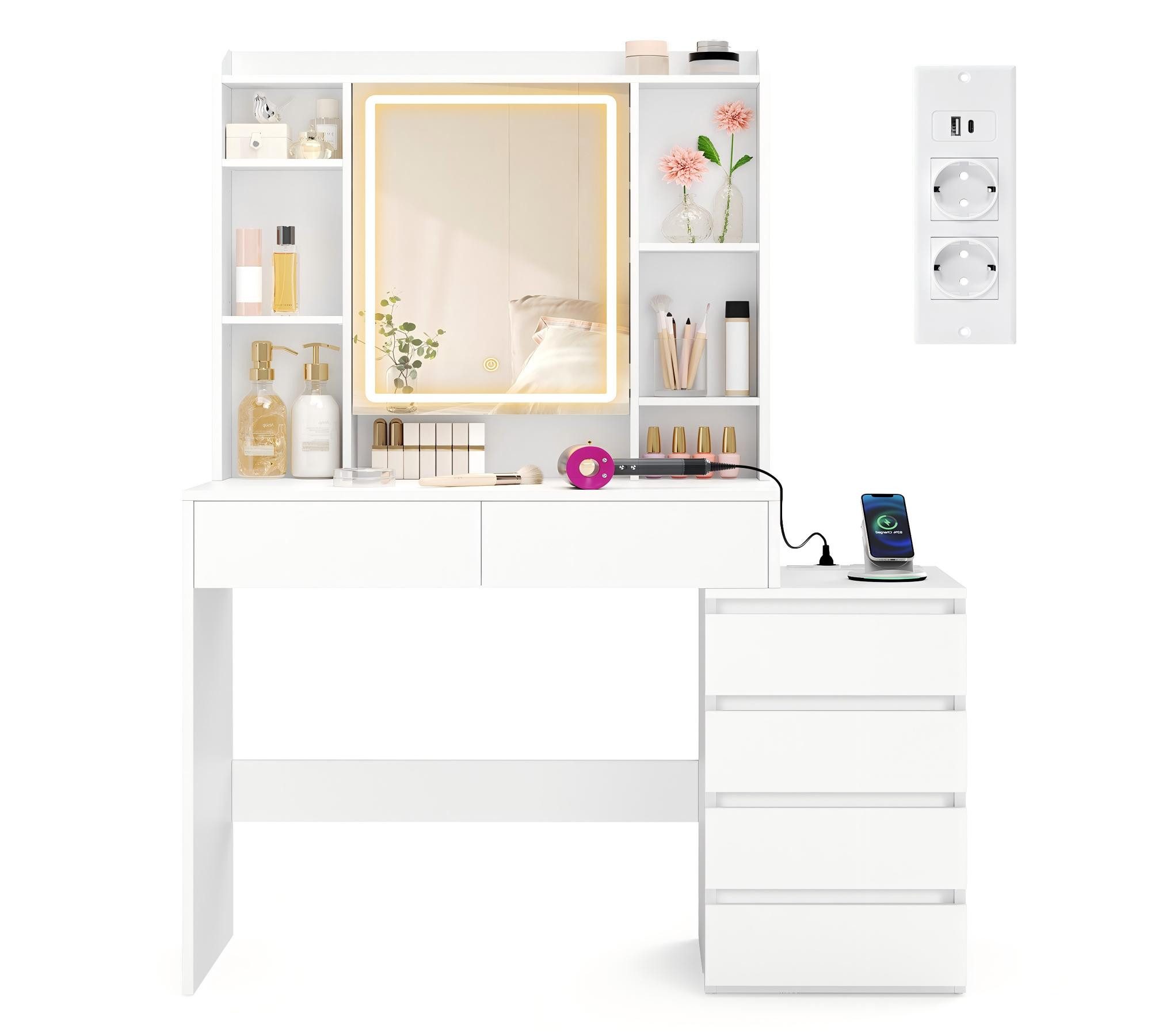 VASAGLE Schminktisch mit LED-Beleuchtung, Frisiertisch mit Spiegel (1 Tisch), mit Steckdosenleiste, verstellbaren Ablagen, 40 x 105 x 145 cm