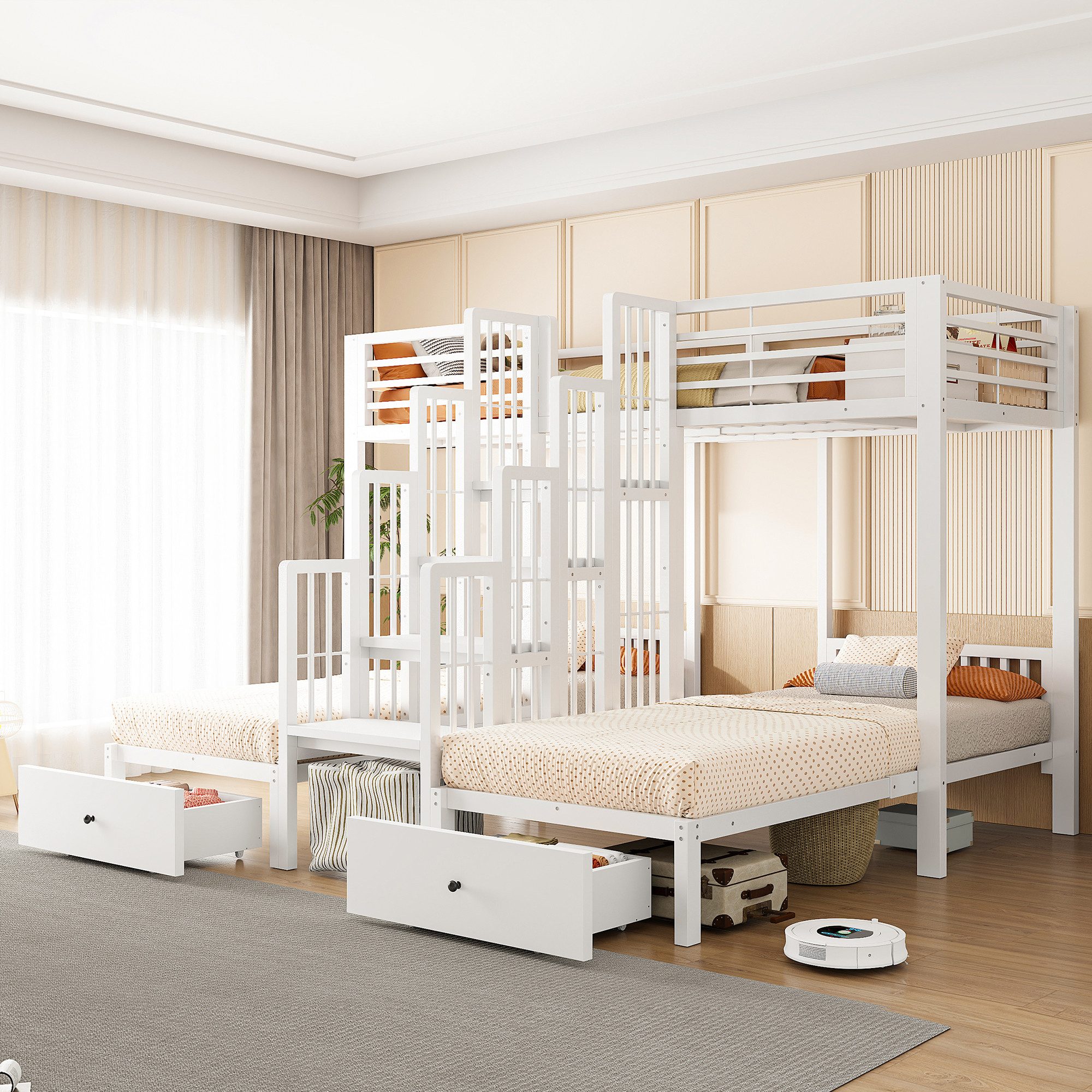 OKWISH Etagenbett Dreifach-Hochbett aus Metall mit Treppe und Geländer (Packung, 2 Schubladen, für Kinder und Gäste, ohne Matratze), Weiß, 248x204x180 cm, 90x200 cm