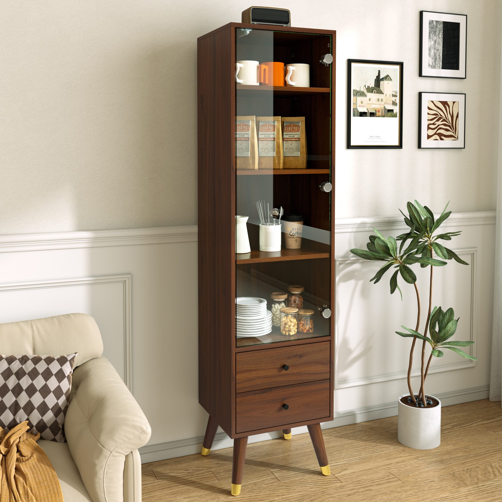 Flieks Glasvitrine Hochschrank mit verstellbaren Einlegeböden und 2 Schubladen (39,8x35x160 cm, 1-St., Eckschrank mit Glastüren und 4 Fächern) Mehrzweckschrank Badkommode Bücherregal Landhausstil Walnussfarbe