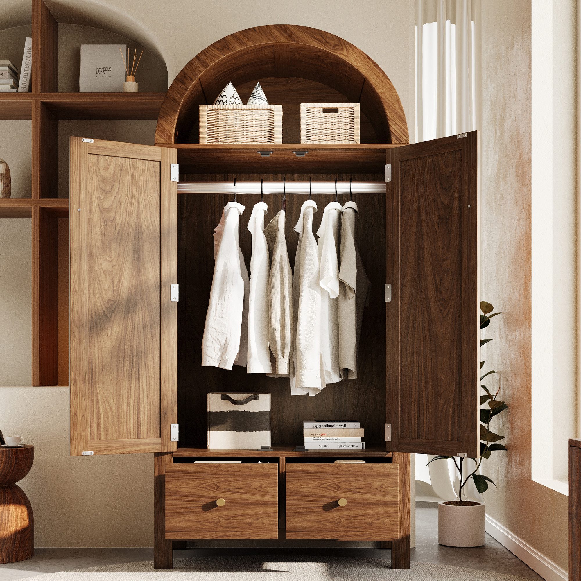 STILVORA Kleiderschrank mit Schubladen Drehtürenschrank Garderobenschrank mit Kleiderstange (Packung, 1-St., 2 Türen mit Magnetverschluss, Kleiderstange und Kippsicherung) Landhausstil, offene halbrunde Ablage