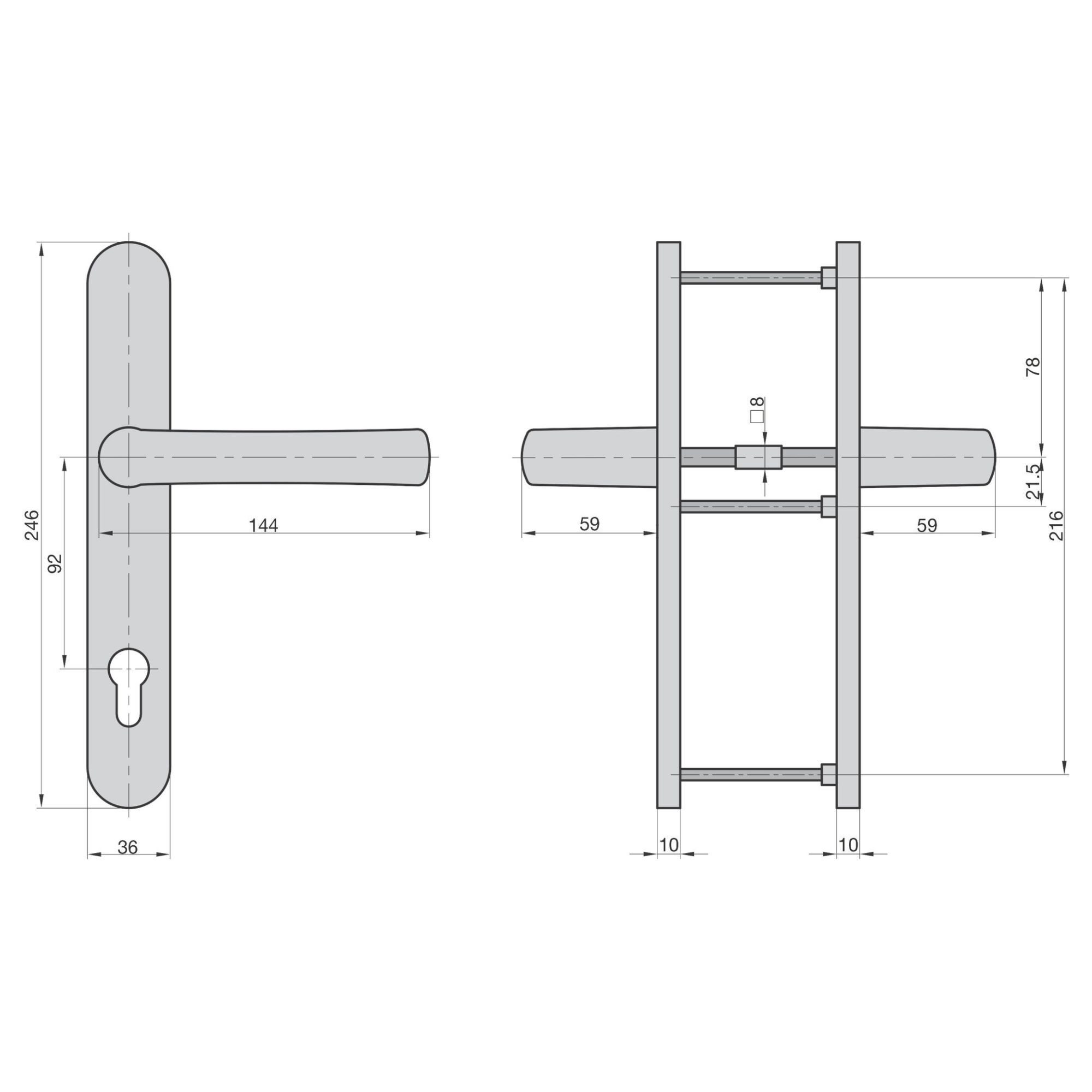 BASI Türbeschlag Schmalrahmen-Garnitur PZ 92/8 mm, Türbeschlag (Packung), L-Drücker, für 45-82 mm Türstärke, rundes Langschild, PZ-Vorrichtung