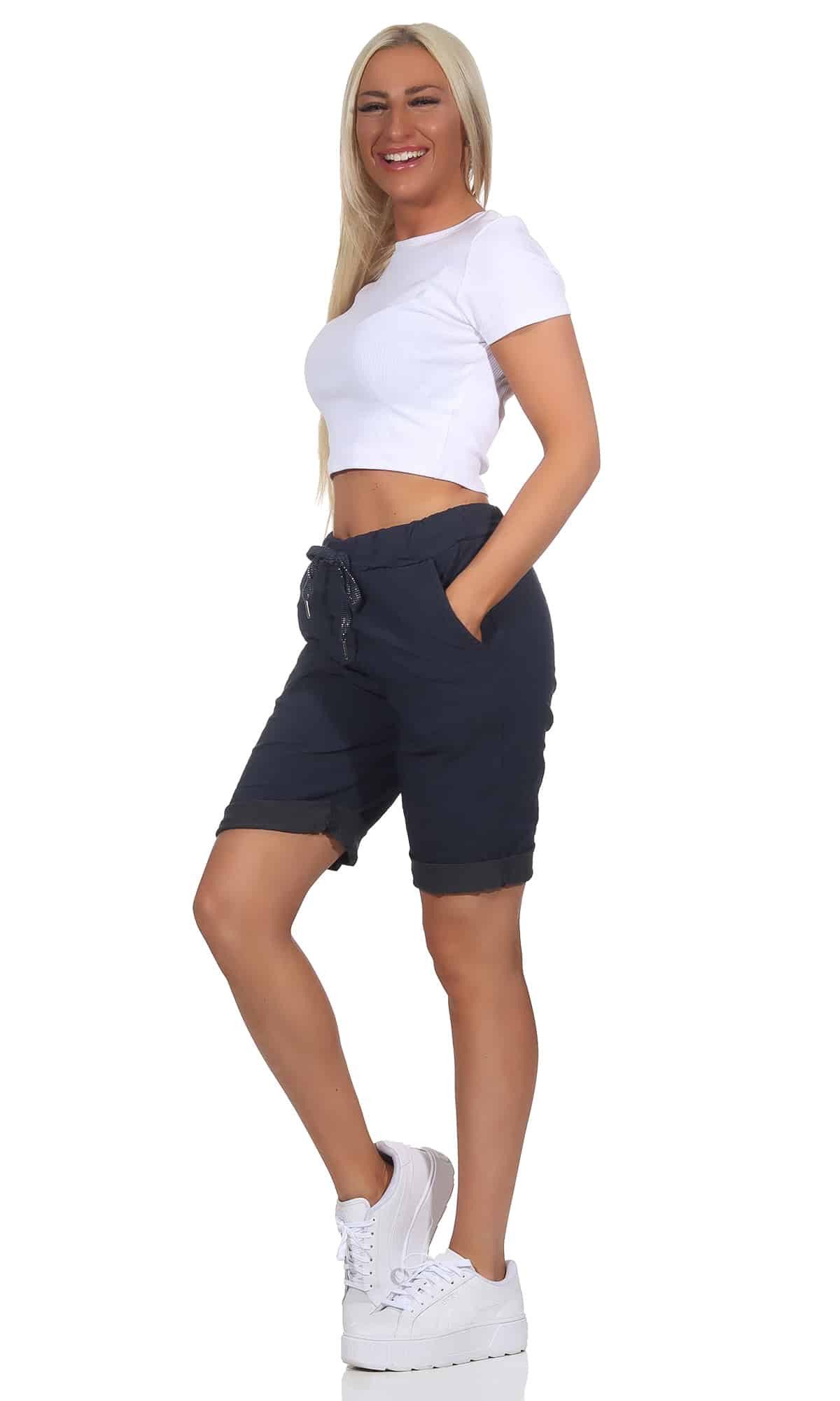 OriginalYou Chinoshorts Damenhose Kurze Damen Sommerhose Chino Shorts Schlupf Bermuda Stretchgewebe in modernem Knitterlook, elastischer Bund mit Kordelzug