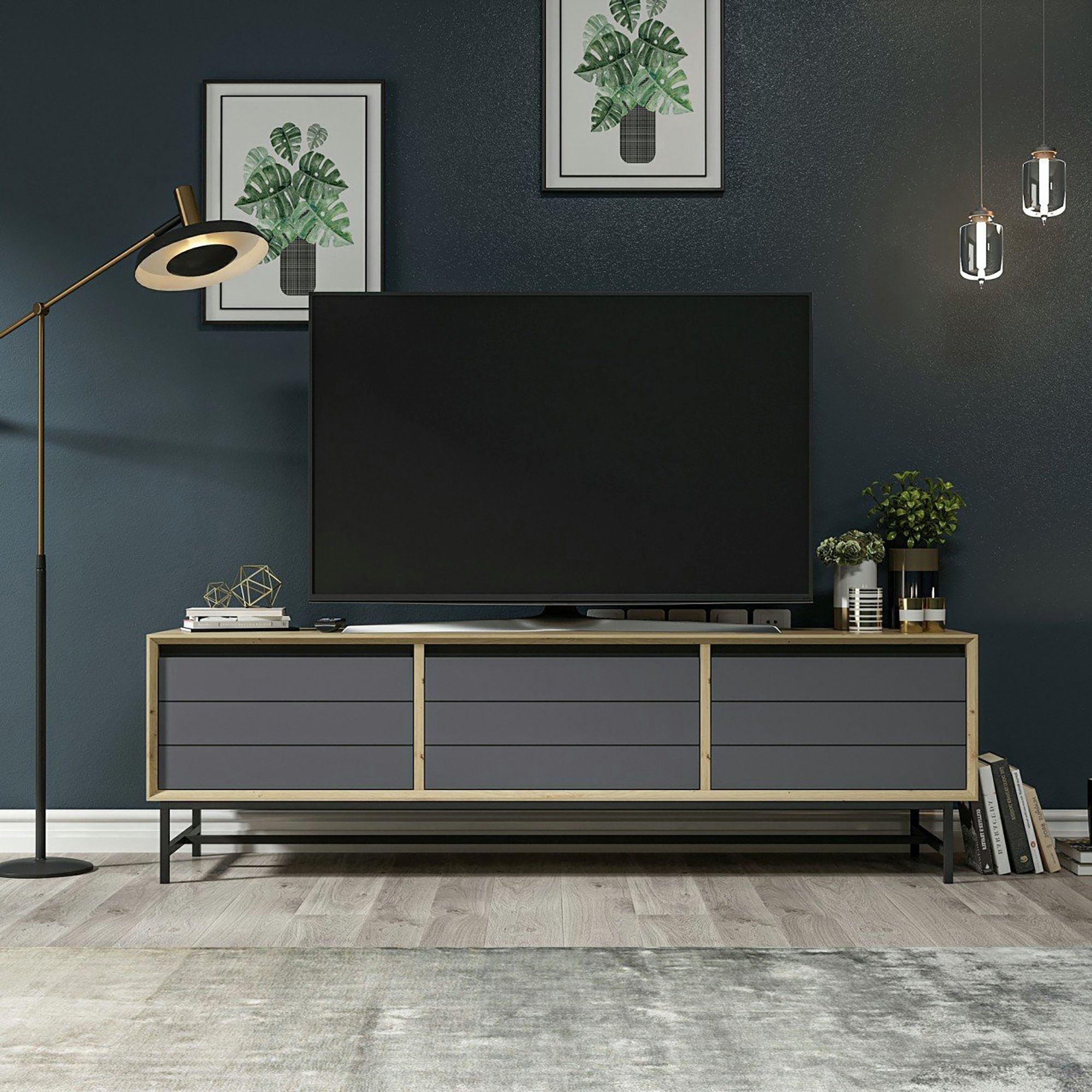 TV TV-Schrank 3 x Schranktüren 45 150 cm 35 en.casa Eiche/Anthrazit Gørlev mit Board x