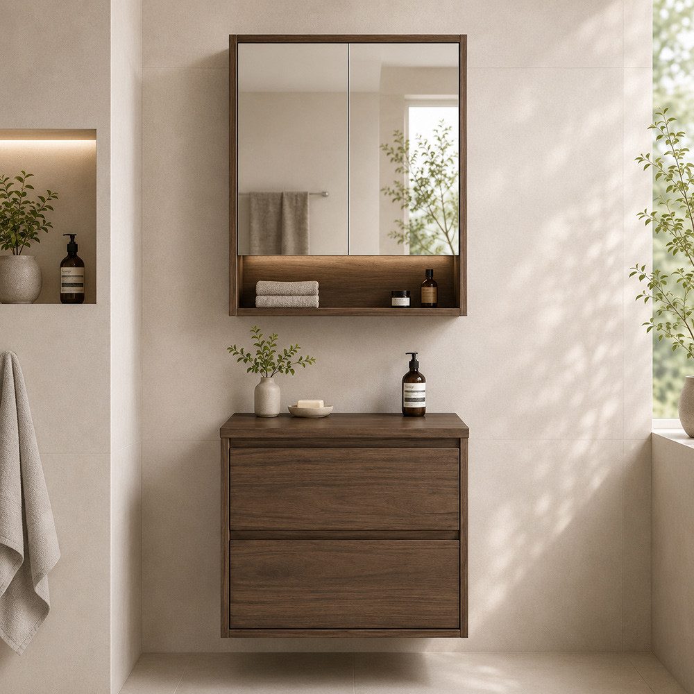 Lomadox Badmöbel-Set VERZUOLO-56-WALNUT, (Spar-Set, 2-St., Spiegelschrank Waschbeckenschrank Waschtischplatte), in Walnuss, wandhängend, grifflos, LED-Beleuchtung