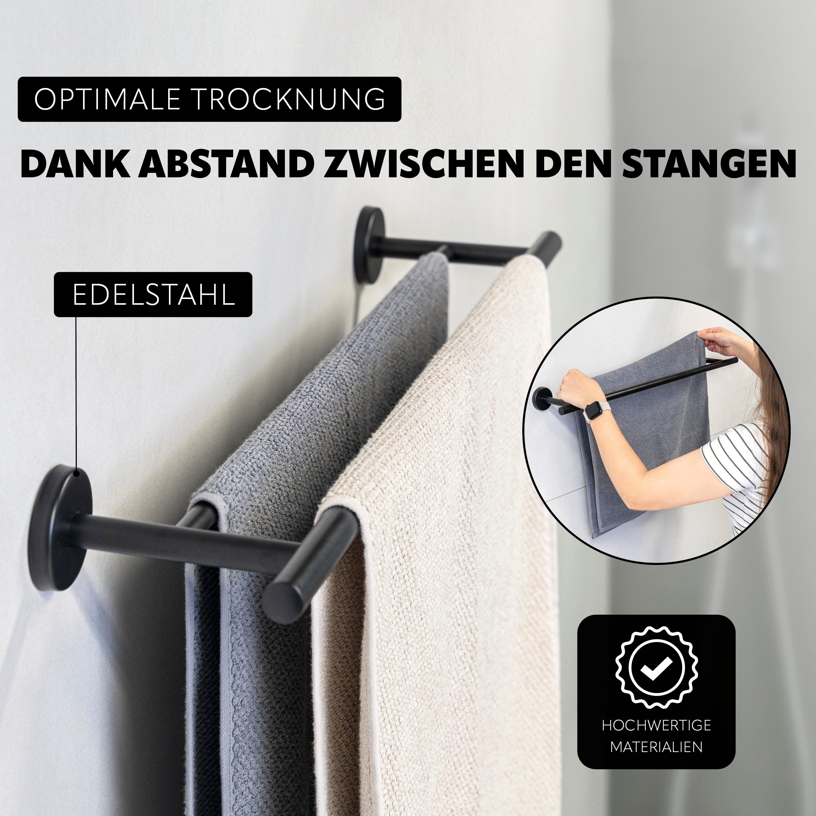 bremermann Doppelhandtuchhalter Bad-Serie PIAZZA BLACK - inkl. Klebeset, aus Edelstahl – Bild 3 von 5