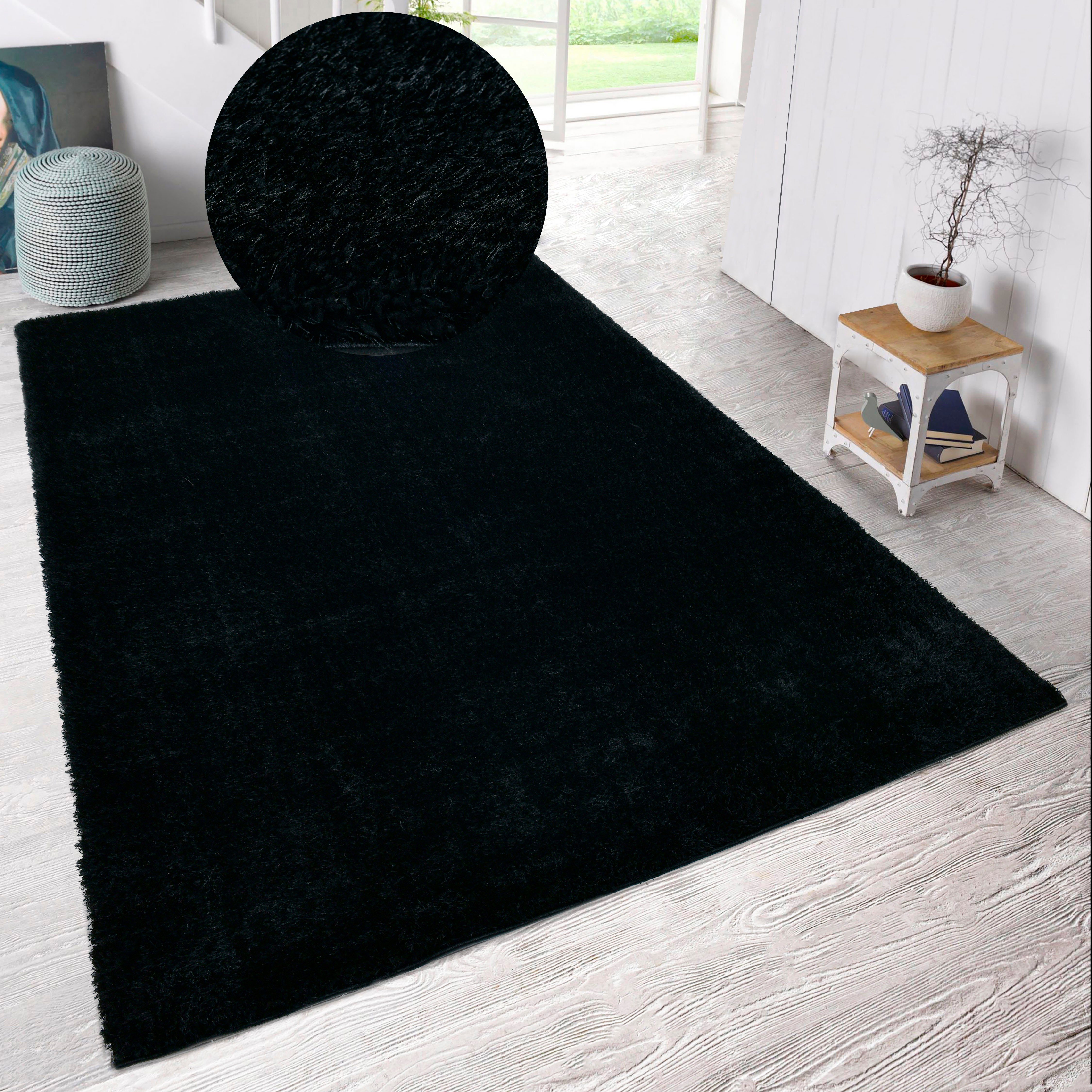 Hochflor-Teppich Malin, Home affaire, rechteckig, Höhe: 43 mm, Shaggy in Uni-Farben, einfarbig, leicht glänzend, besonders weich schwarz