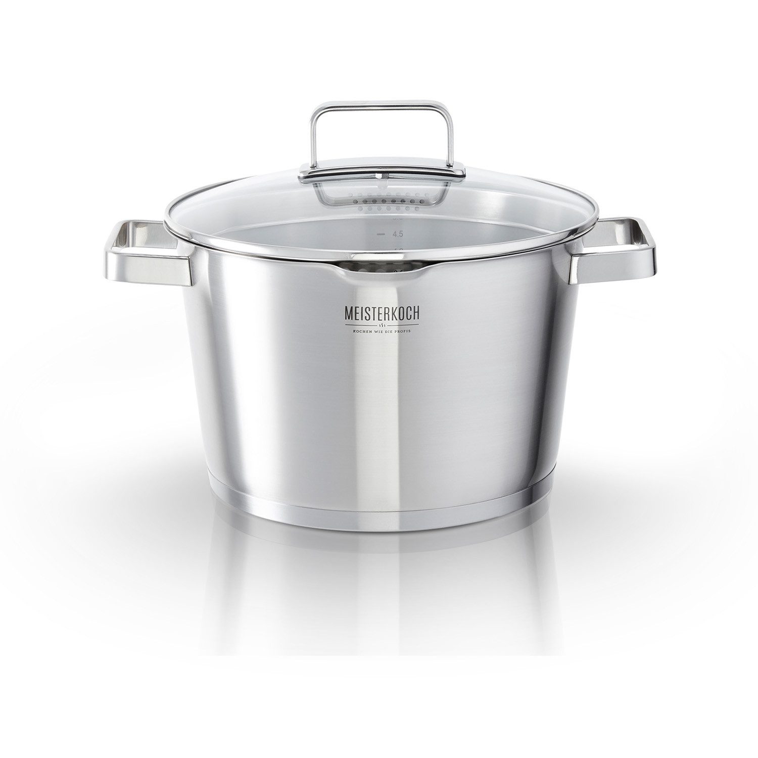 Meisterkoch Kochtopf Fleischtopf Ø 24 cm, integriertes Sieb, Ausguss, Innenskala, Edelstahl, 5,5 Liter Volumen, Glasdeckel, für alle Herdarten inklusive Induktion