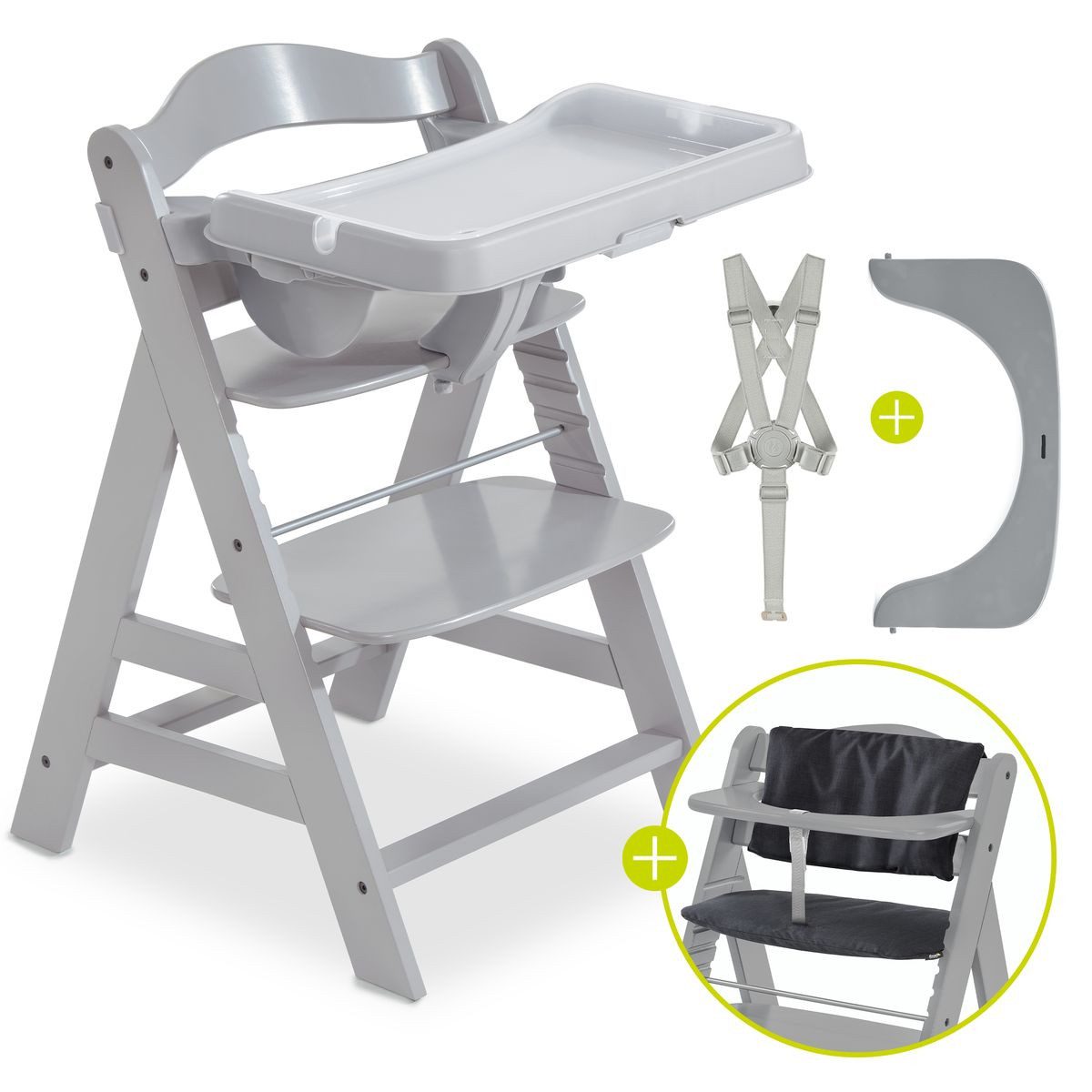 Hauck Hochstuhl Alpha Plus Grau, Holz Kinderhochstuhl Babystuhl mit Essbrett, Sitzkissen - verstellbar