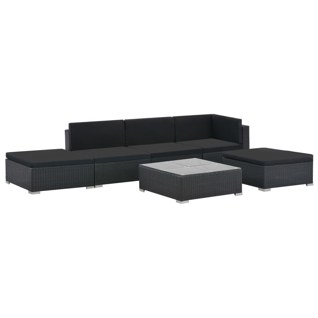 Schwarz, Poly vidaXL mit Gartenlounge-Set (6-tlg) Auflagen Garten-Lounge-Set Rattan 6-tlg.