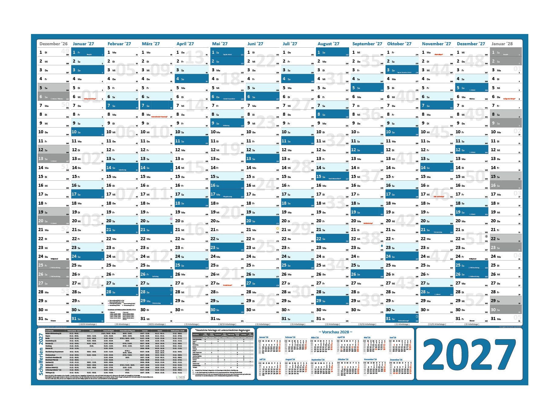 LYSCO Wandkalender Classic1 Wandplaner 2027 DIN A0 / A1 - 14 Monate (gerollt), Kalender 2027 Faben blau, grau, grün, hellblau, orange, rot, türkis, Formate DIN A0 (841 x 1189mm) / DIN A1 (594 x 841mm)