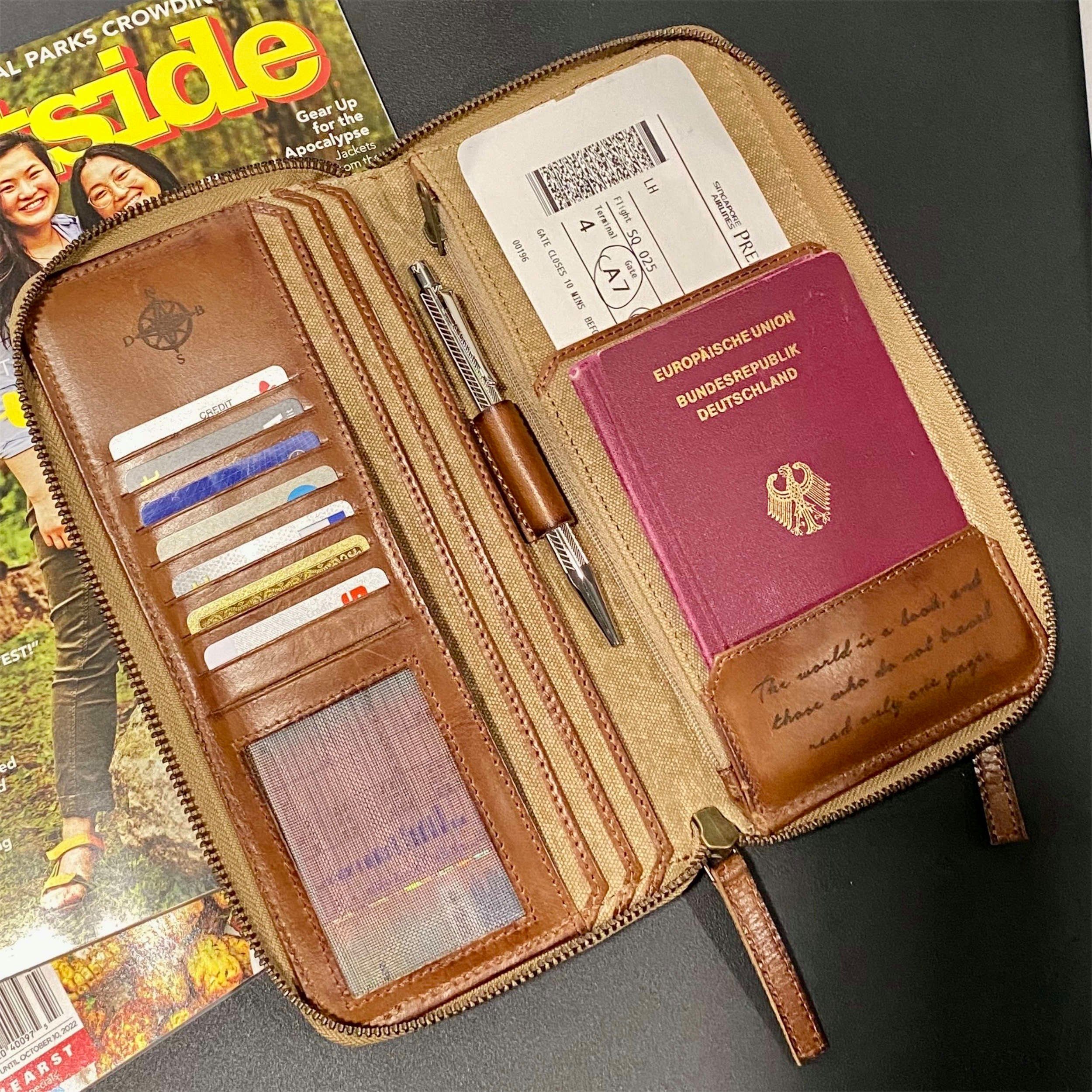 große DRAKENSBERG Brieftasche mit »Travis« Reisegeldbeutel Canvas RFID und aus Schutz Khaki-Beige, Reise-Organizer Reisebrieftasche