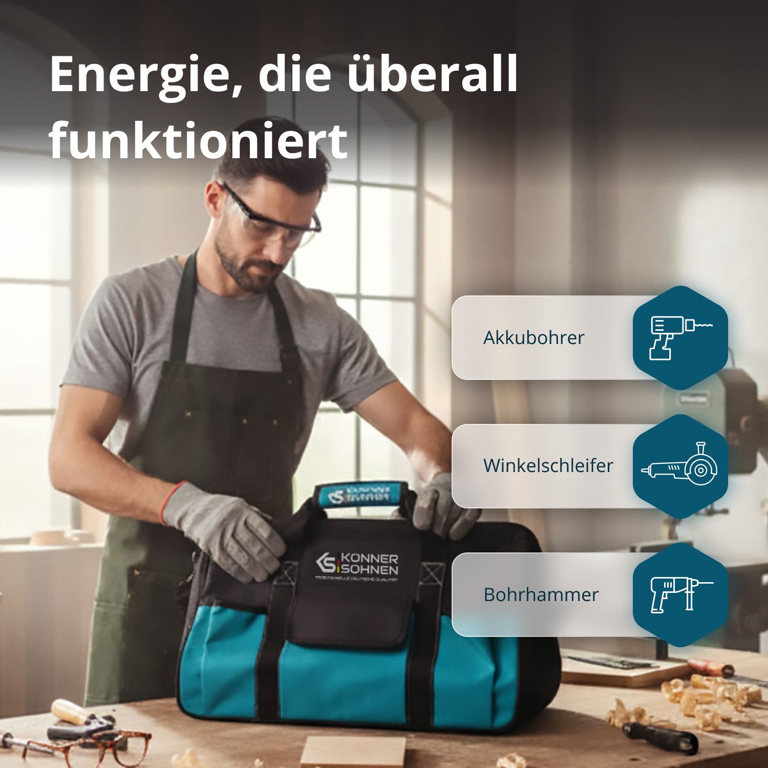 Könner & Söhnen Akku-Schlagbohrschrauber KS RHAGD 20V SET 3 PLUS, (3-in-1 Meister-Set mit Bohrer, Schleifer, Hammer & 3 Akkus, 1-tlg., Inklusive zusätzlichem 4Ah Akku als Geschenk & 4,5A Schnelllader), Bürstenlose Motoren, 2J Schlagkraft, Drehzahlregelung, Tasche
