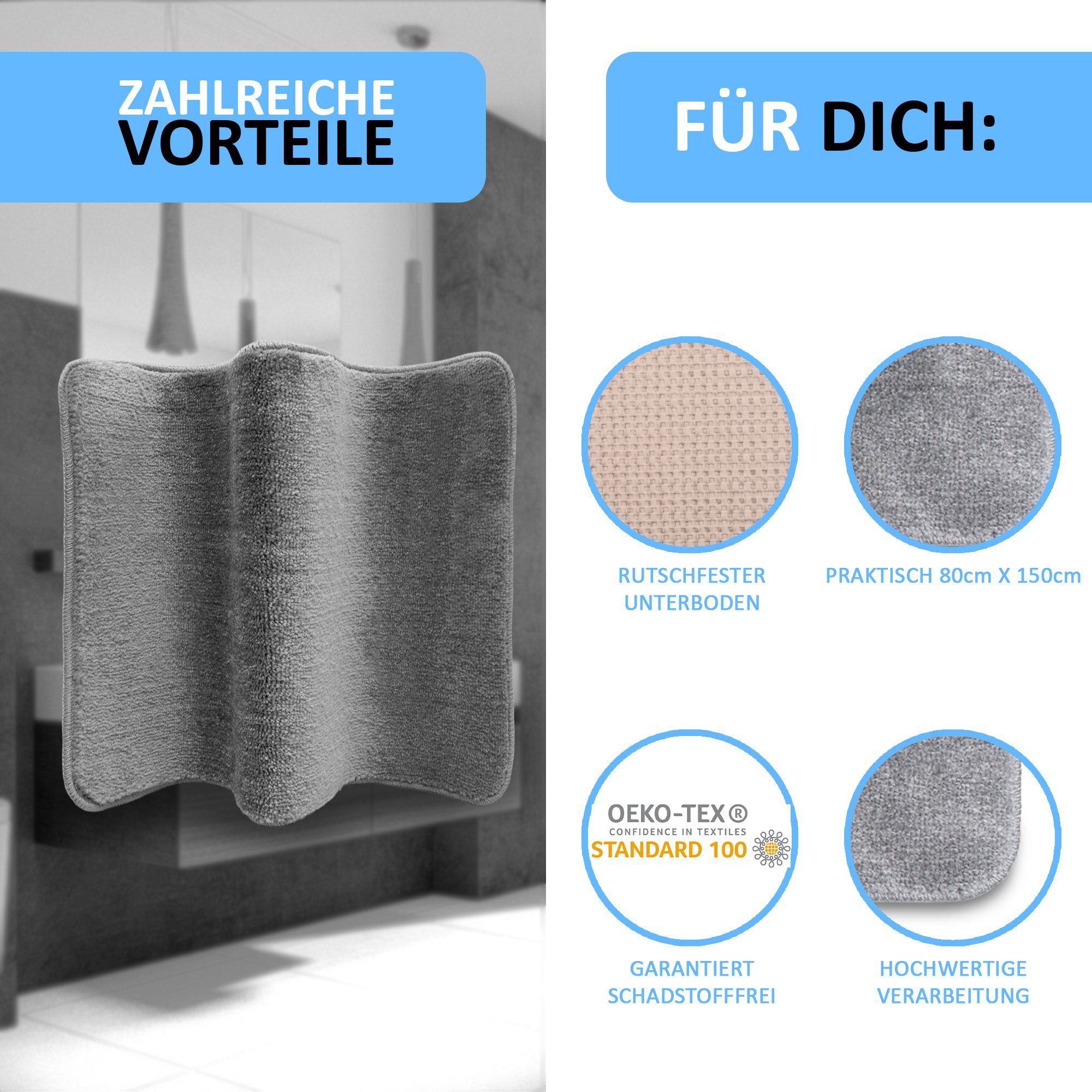 Sentidos Badematte Sentidos Rutschfester Badvorleger 80 x150 cm, trocknergeeignet, waschbar, %100 Polyester, rechteckig, Badematte