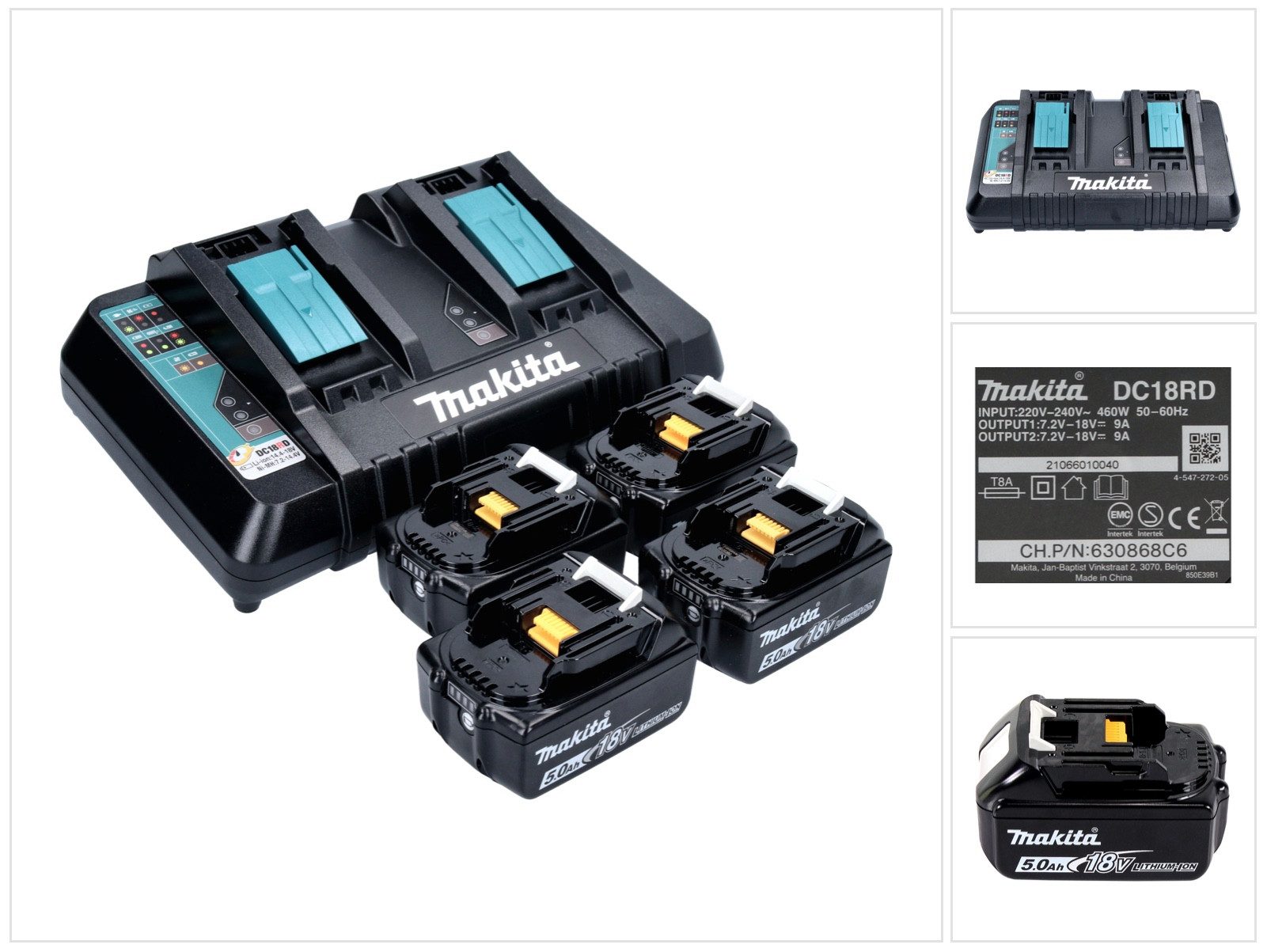 Makita Power Source Kit 18 V mit 4x BL 1850 B Akku 5,0 Ah + DC 18 RD Doppell Akkupacks