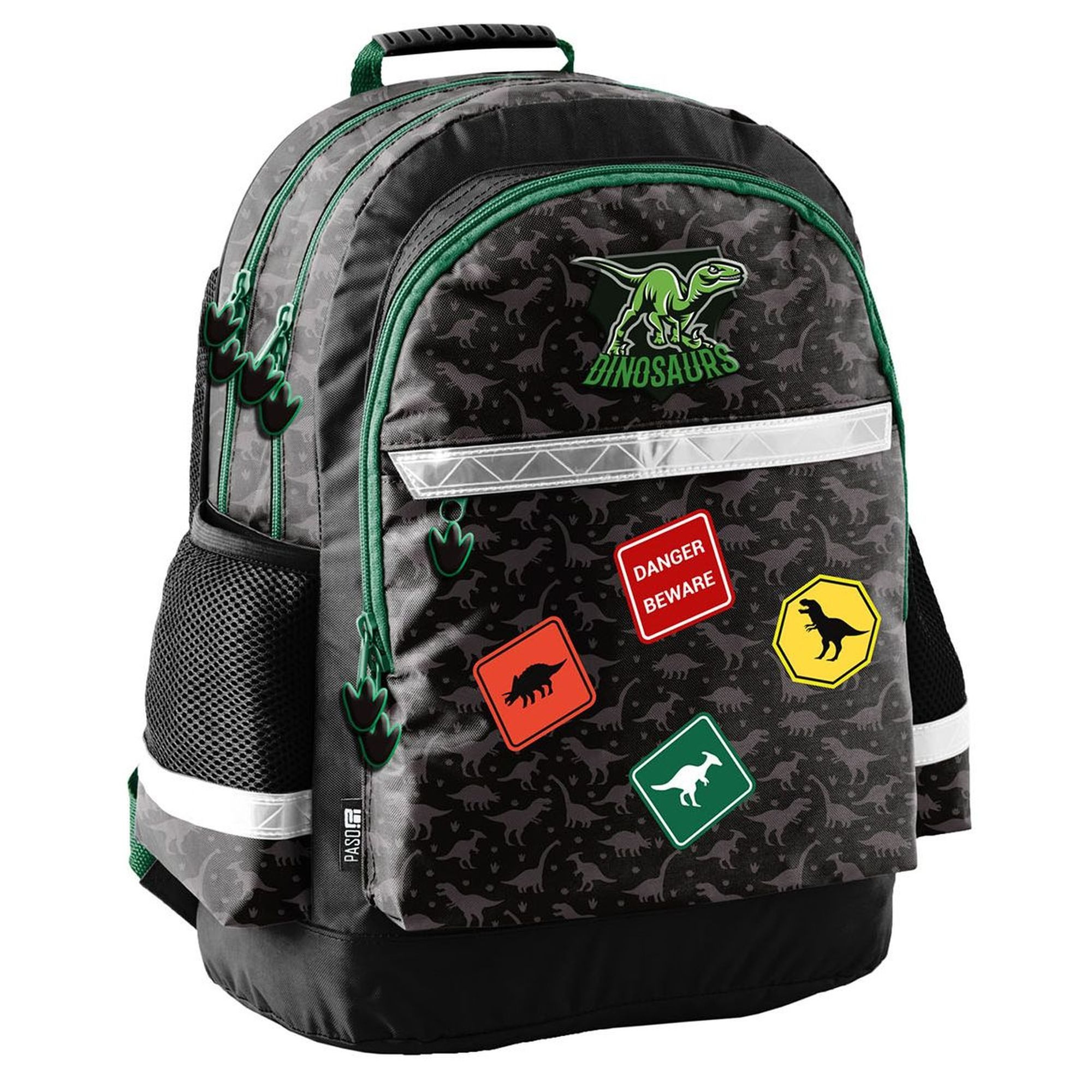 PASO Schulranzen 3-teiliges Schulset: Dinosaurier - schwarz (Rucksack + Tunrbeutel + unbefüllte Federmappe)