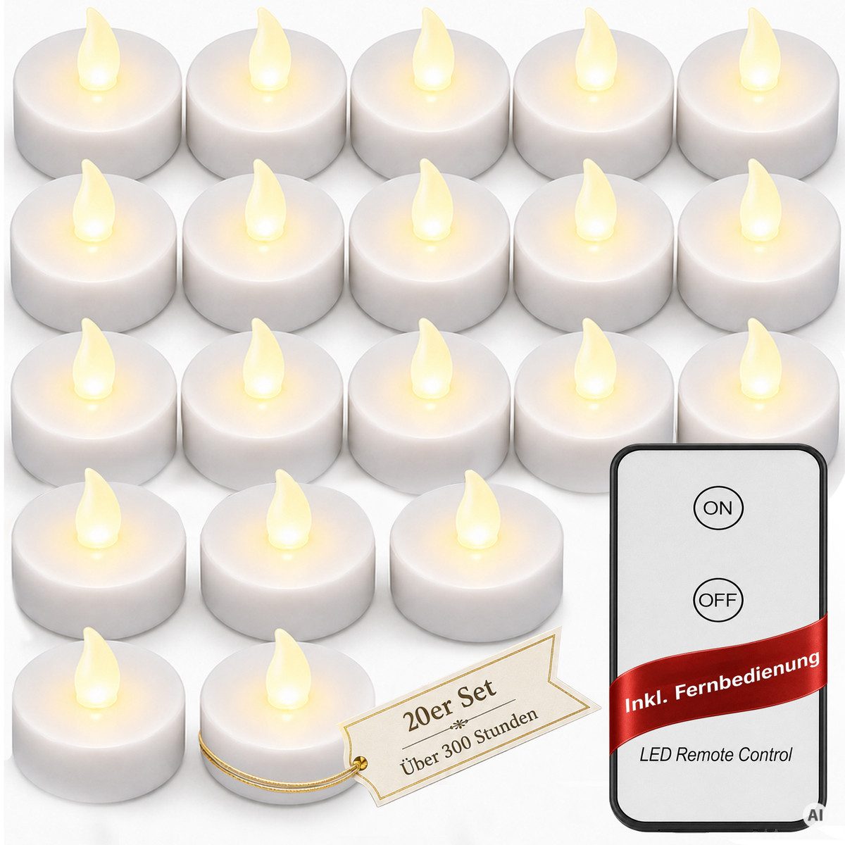 monzana LED-Kerze, Kerzen, +300H elektrisch flackernd Fernbedienung Batterien 20xTeelichter 3,7CM