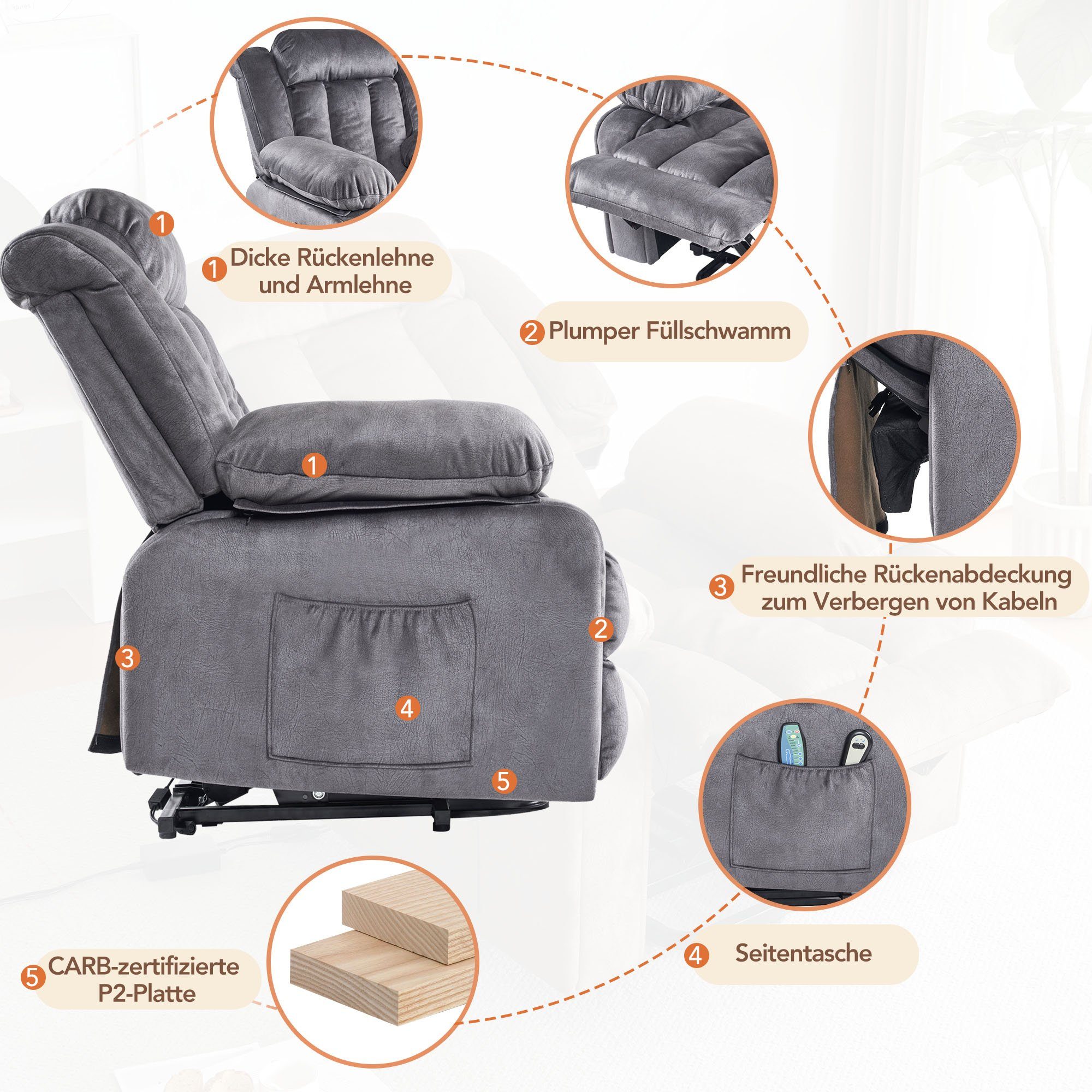 Vibrationsfunktion Massagesessel Ulife Aufstehhilfe Elektrisch und Fernsehsessel Hellgrau und Wärme Liegefunktion, mit mit TV-Sessel