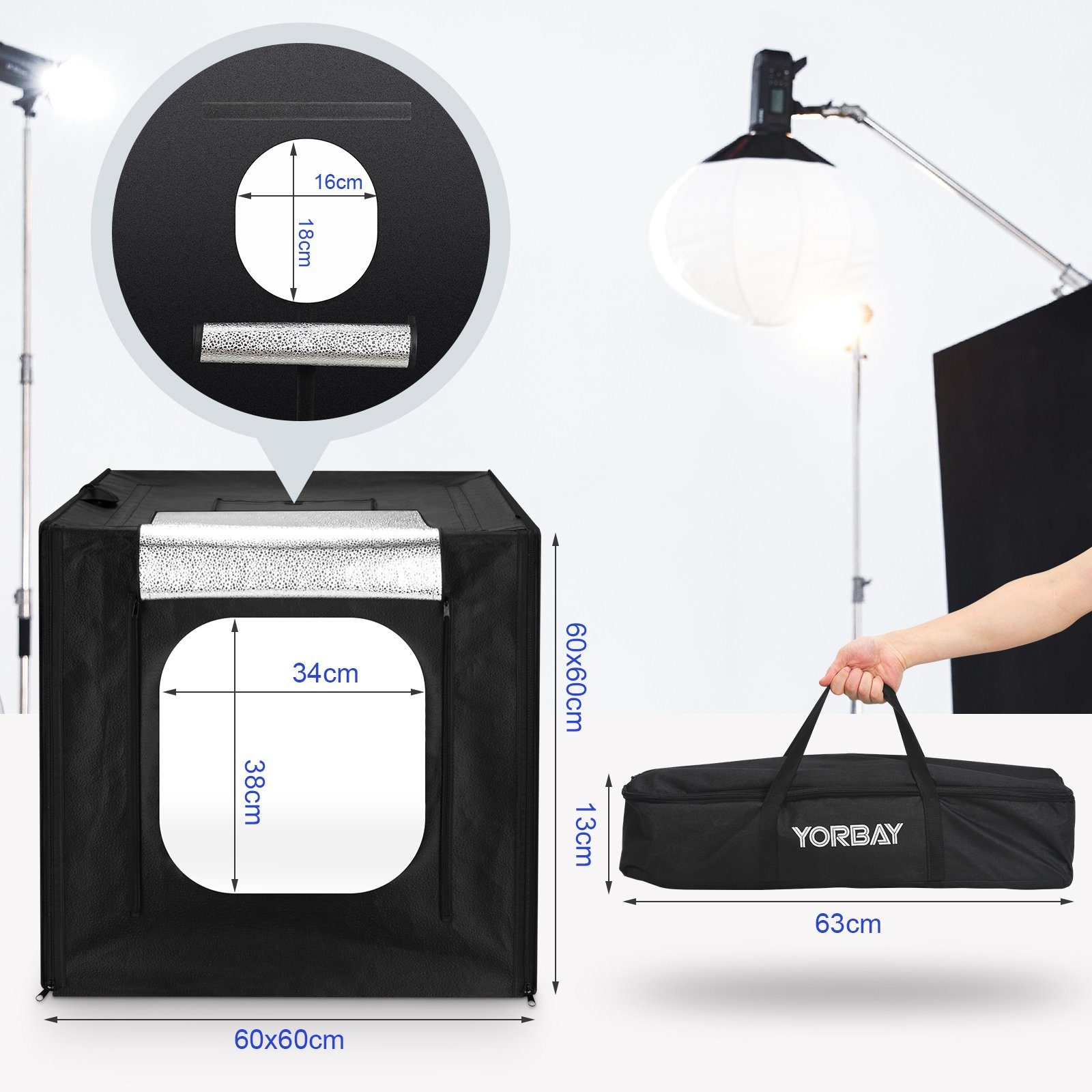 Yorbay Fotostudio-Box Fotostudio Set 60 x 60 x 60cm LED Fotobox Lichtbox Lichtwürfel, Lichtzelt inkl. 4 PVC-Hintergrundfolien(schwarz,rein weiß,grau,orange)