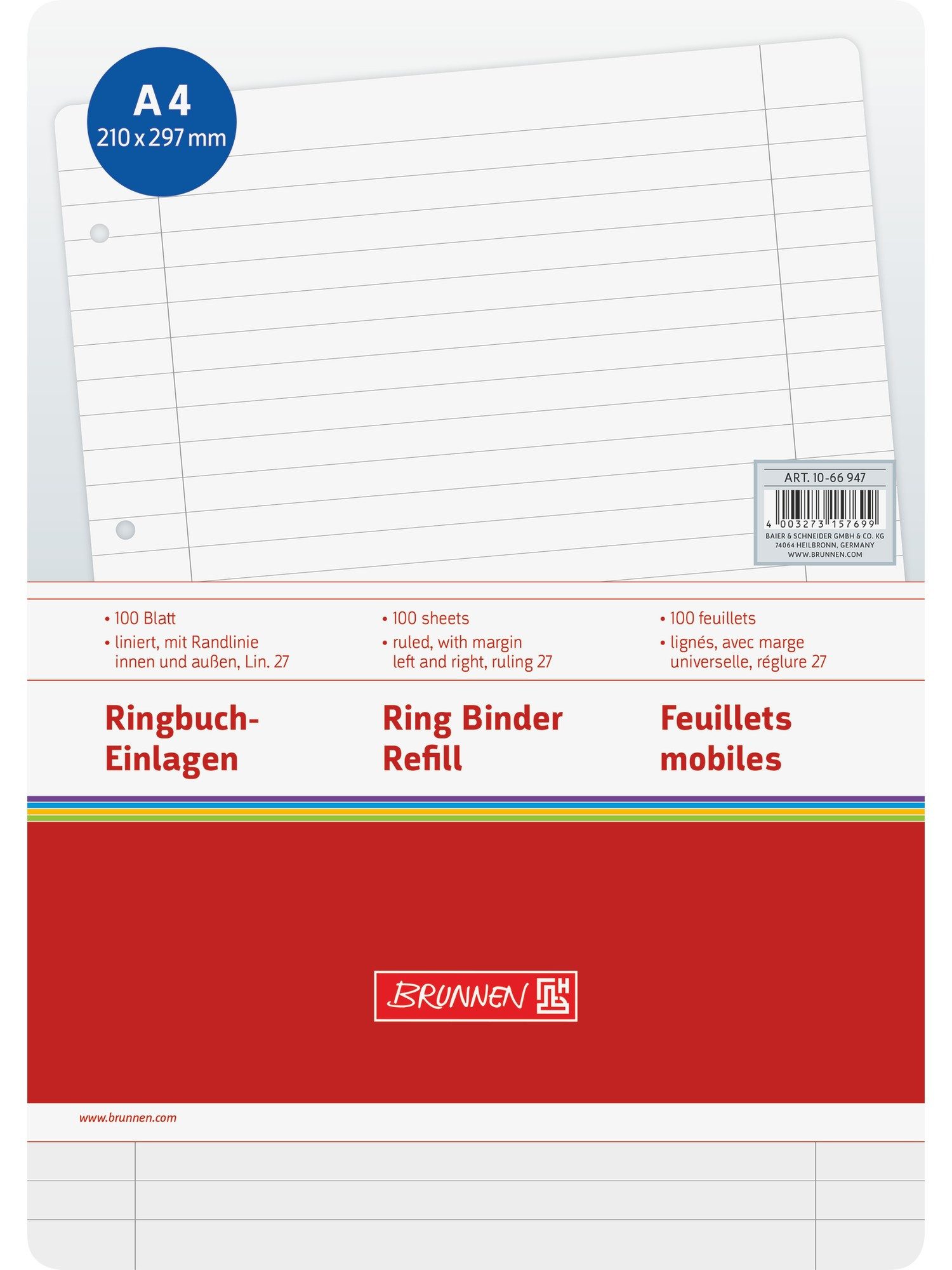 Baier & Schneider Collegeblock Ringbucheinlagen A4 liniert mit Rand 100 Blatt
