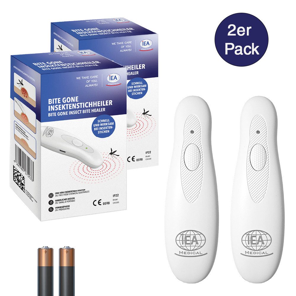 IEA Medical Insektenstichheiler 2er Set Elektrischer Stichheiler Batterie, 2 Modi, kompakt, 2er Set, Wärmeanwendung, ohne Chemie & Cremes, kompakt für Reise und Alltag