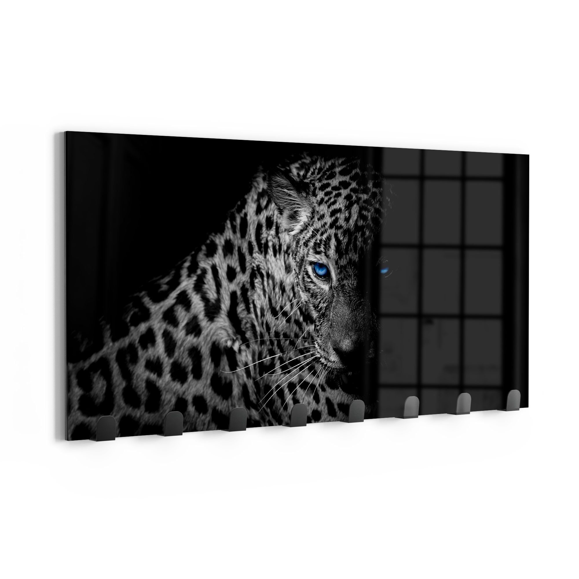 DEQORI Kleiderhaken 'Leopard mit blauen Augen', Glas Garderobe Paneel magnetisch beschreibbar