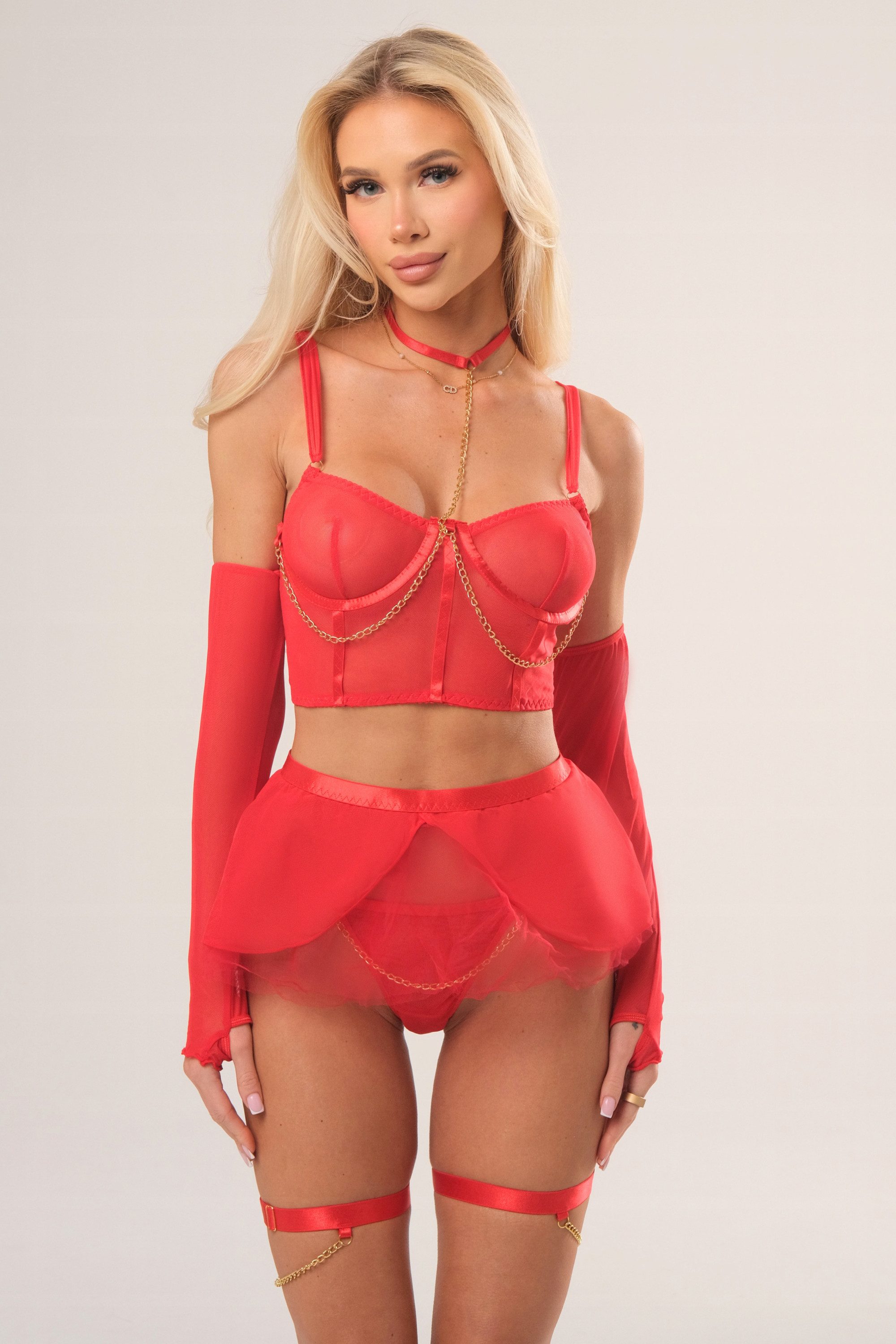 Orchibelle Set: Bügel-BH Mehrteiliges Dessous-Set – Reizwäsche mit Ketten und Rückenschnürung (Set, 6-tlg., BH, Tanga, Minirock, 2 Armstulpen, 2 Beinbänder, Nackenband) Sexy Lingerie-Set – sinnliche Unterwäsche für besondere Momente