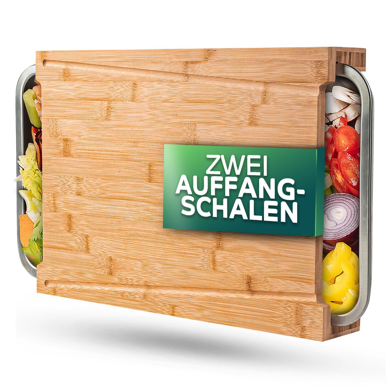 Sidorenko Schneidebrett Bambus Schneidebrett mit Auffangschalen - 43x30x7cm groß, Bambus, (Küchenbrett aus Bambus mit 2 Schalen aus Edelstahl), Schneidebrett Holz