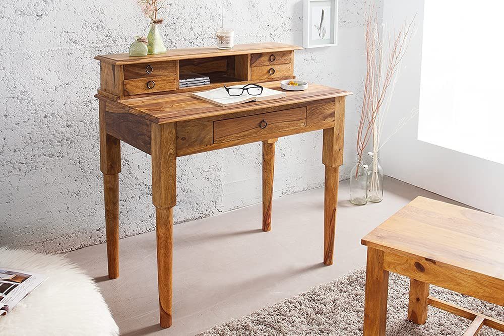 LebensWohnArt Schreibtisch Massiver Sekretär BOMBAY 90cm natural Palisander Schreibtisch