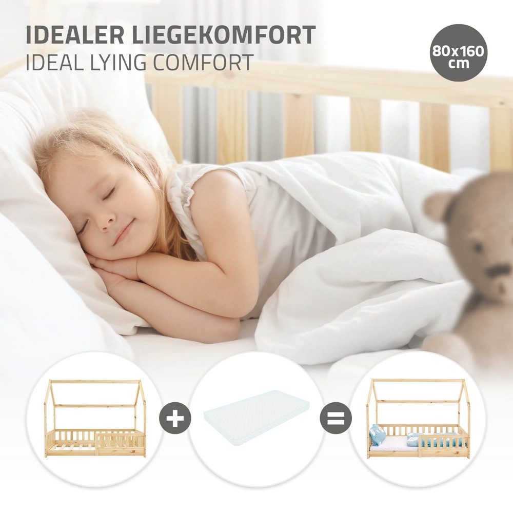ML-DESIGN Spielbett Hausbett Kinderbett inkl. Lattenrost kreativ Bodenbett für Kinder, Abenteuerbett zum Spielen mit Rausfallschutz Kiefer Natur Himmelbett – Bild 4 von 5