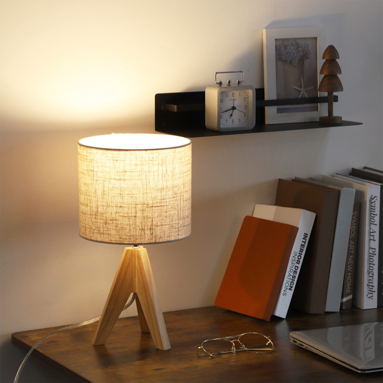 EDISHINE Nachttischlampe Vintage Tischlampe Holz mit Stoffschirm, inkl. Leuchtmittel, LED wechselbar, Warmweiß, Lampenschirm aus Leinen, für Deko, Schlafzimmer, Wohnzimmer