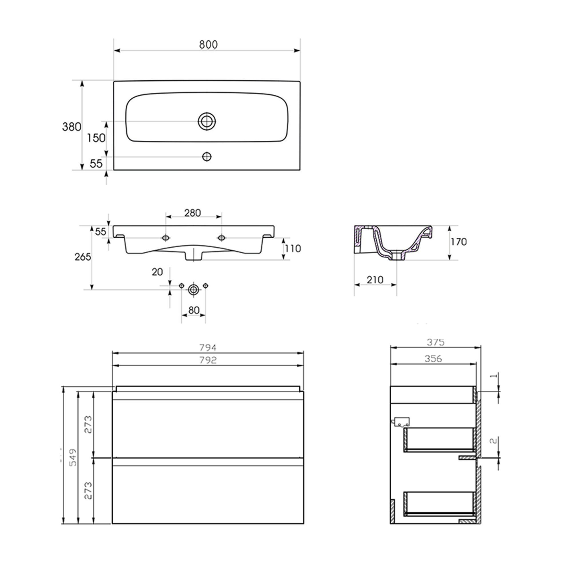 KOLMAN Badmöbel-Set MODUO SLIM 80 Grau Keramikwaschbecken mit Schubladen Waschbecken-Unterschrank mit 160x40x34, & Hochschrank