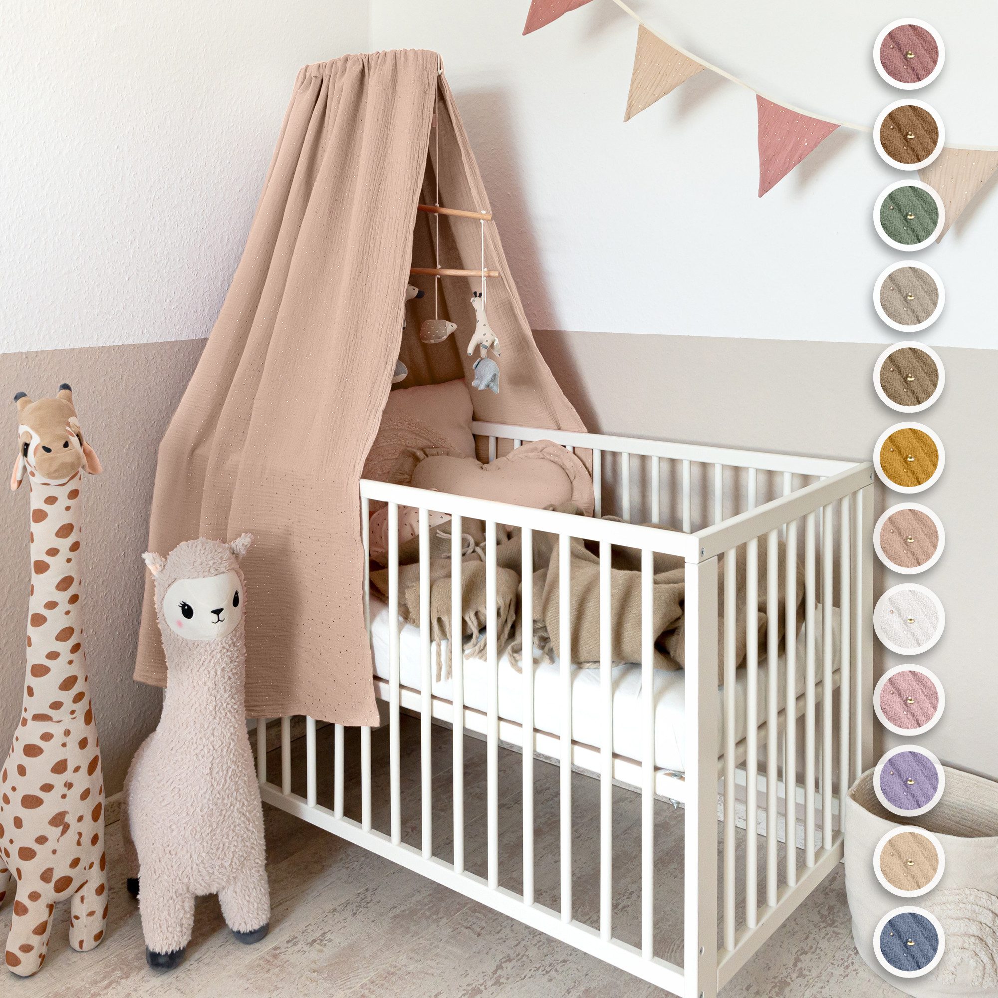 lilimaus Betthimmel Babybett Himmel Gold aus Musselin - handgenähter Baldachin (1-tlg), Betthimmel mit Gold-Details - weich & sanft zu zarter Babyhaut