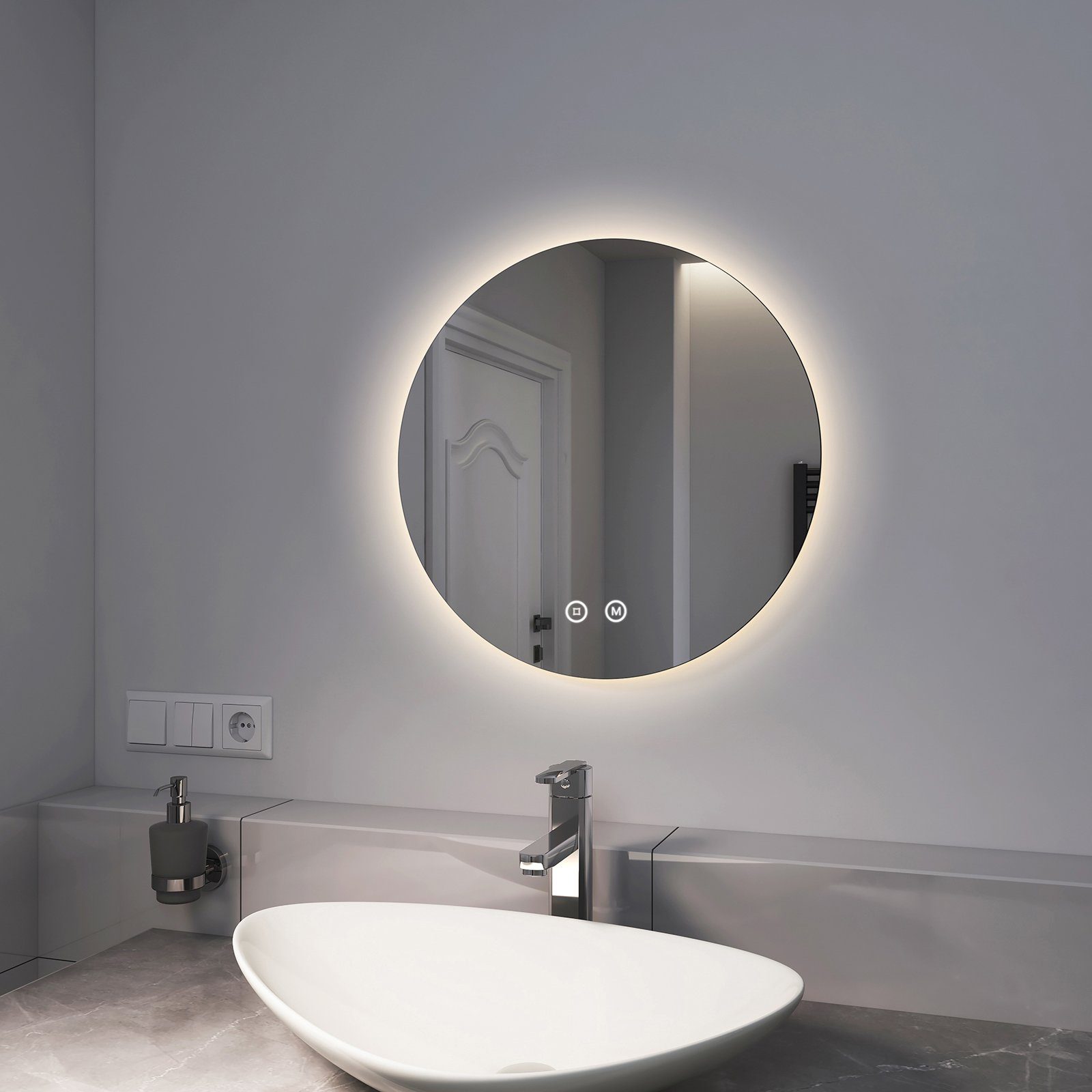 Badspiegel EMKE Rahmenloser Badspigel Touchschalter mit mit und Spiegel, Beleuchtung 3 EMKE Lichtfarbe Dimmbar Runder Spiegel