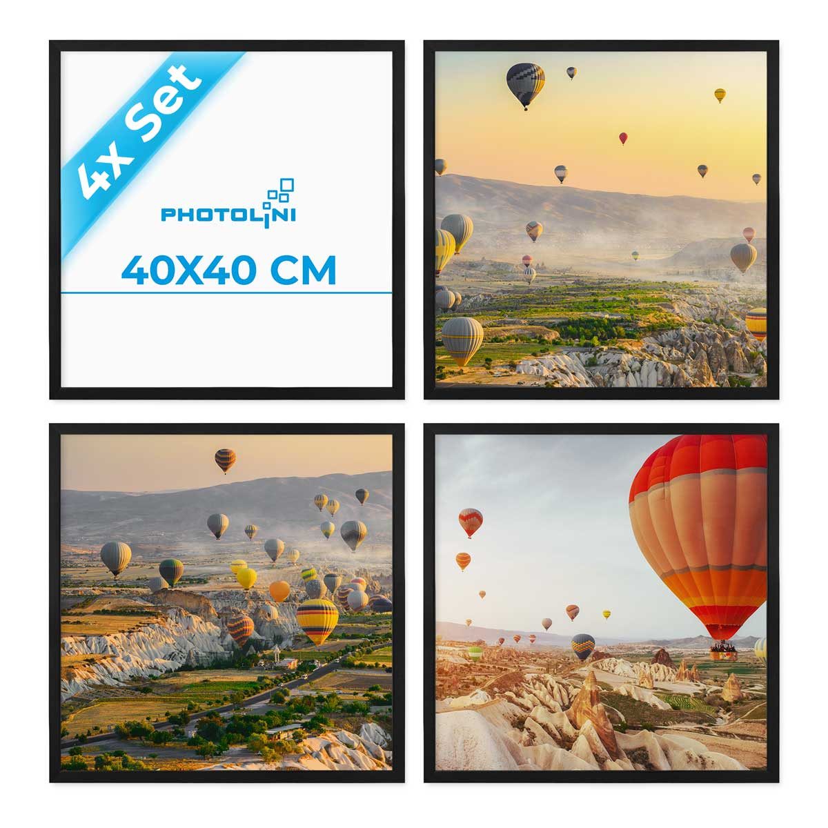 PHOTOLINI Bilderrahmen Sets quadratisch 40x40 cm aus MDF Holz mit Acrylglas & Zubehör, für 4 Bilder (4er Set), 4er Set moderne Posterrahmen Schwarz